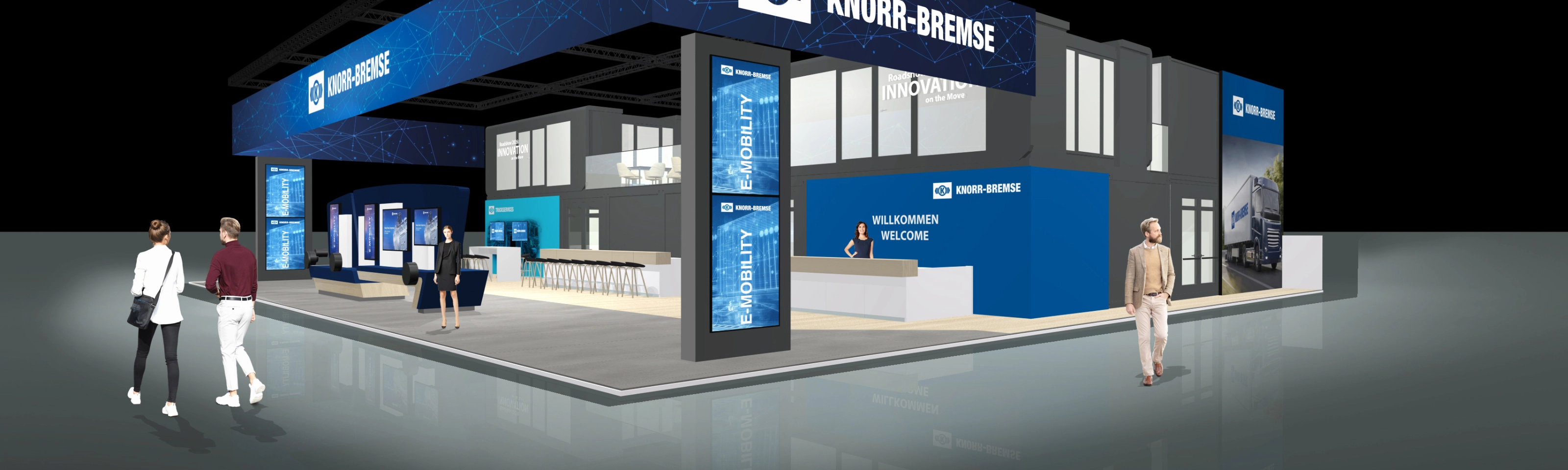 Knorr-Bremse exhibition stand with digital displays and meeting areas at a trade fair.