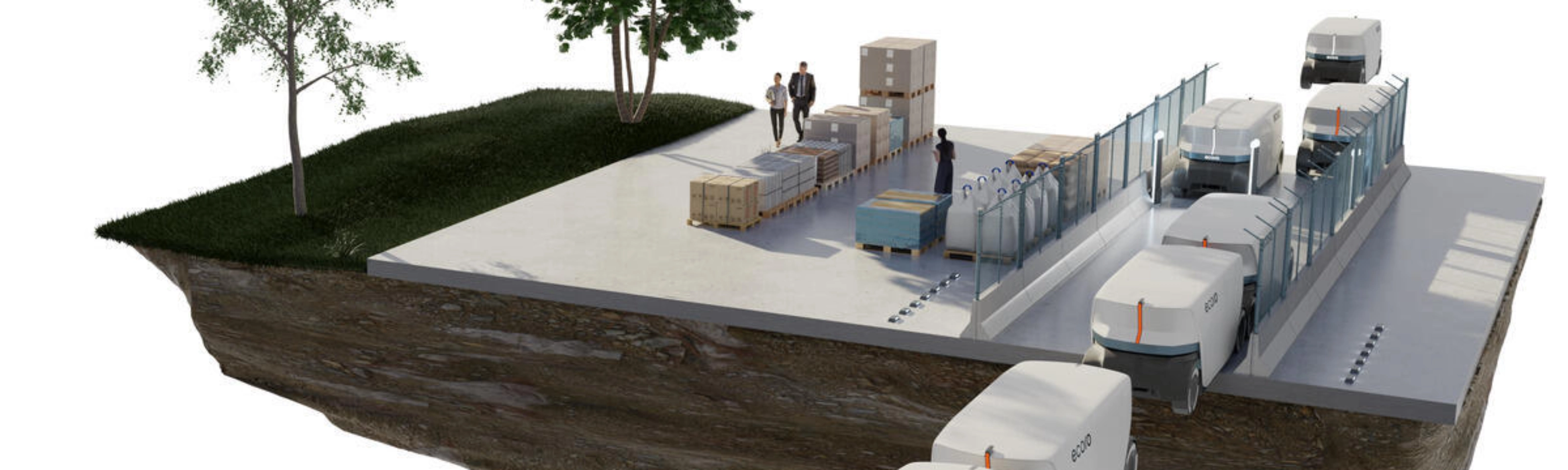 Concept image of autonomous delivery vehicles at a logistics hub with people and cargo.