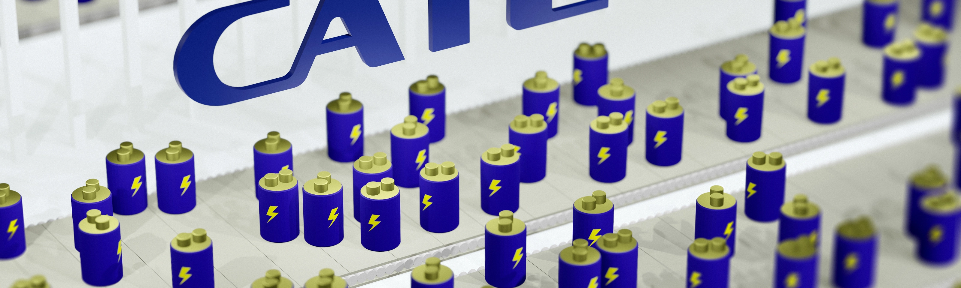 CATL logo above rows of battery icons on a production line.