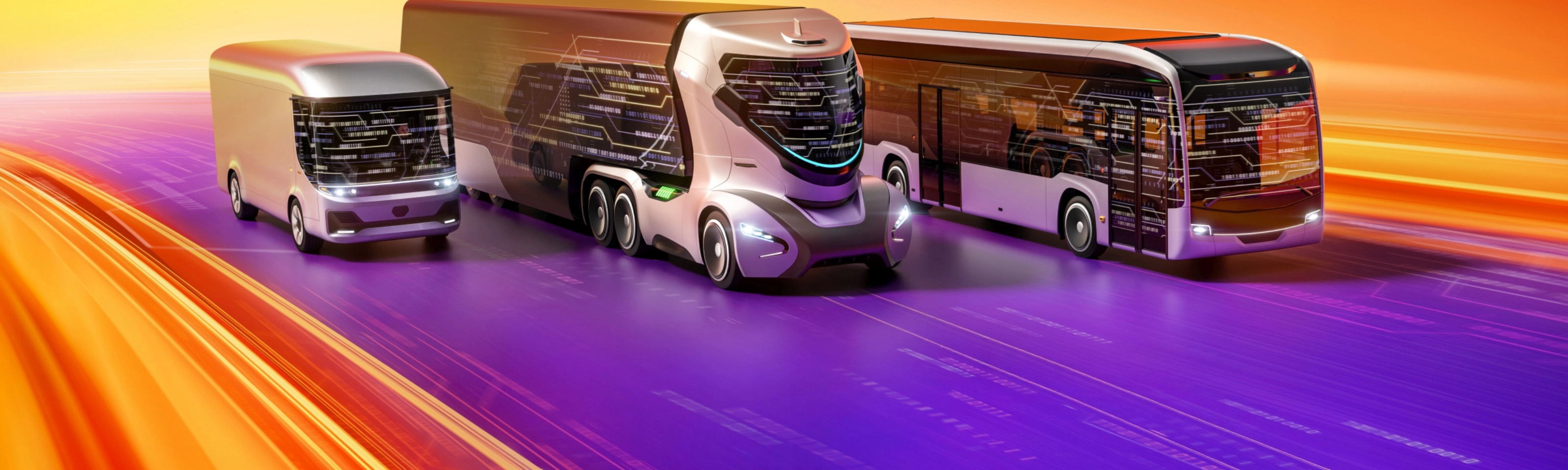 Flotte von Nutzfahrzeugen auf digitaler Straße mit vernetzter Mobilitätsdarstellung.