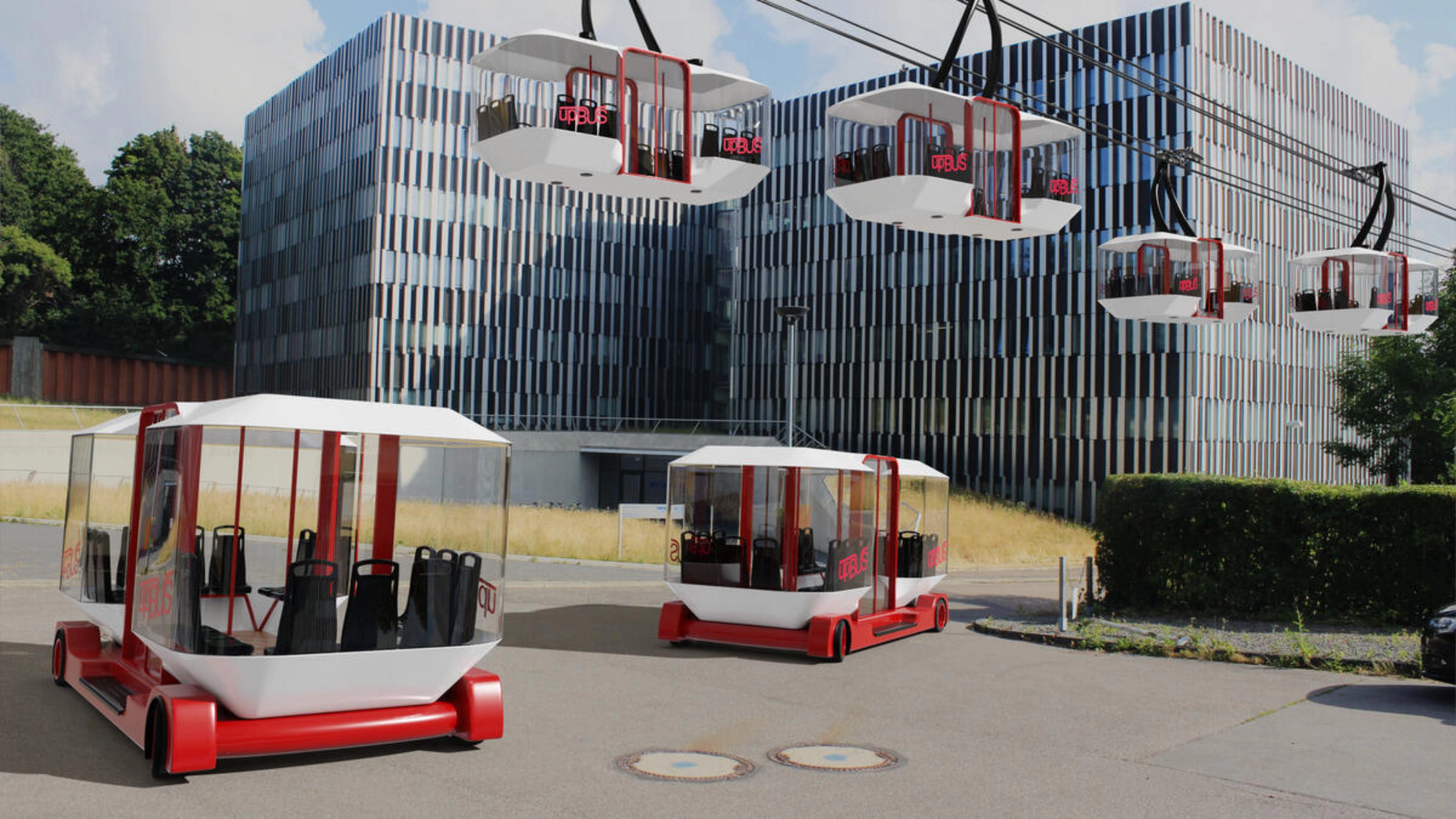 Moderne Seilbahnen und Bodenfahrzeuge des upBUS-Systems stehen vor Bürogebäuden.