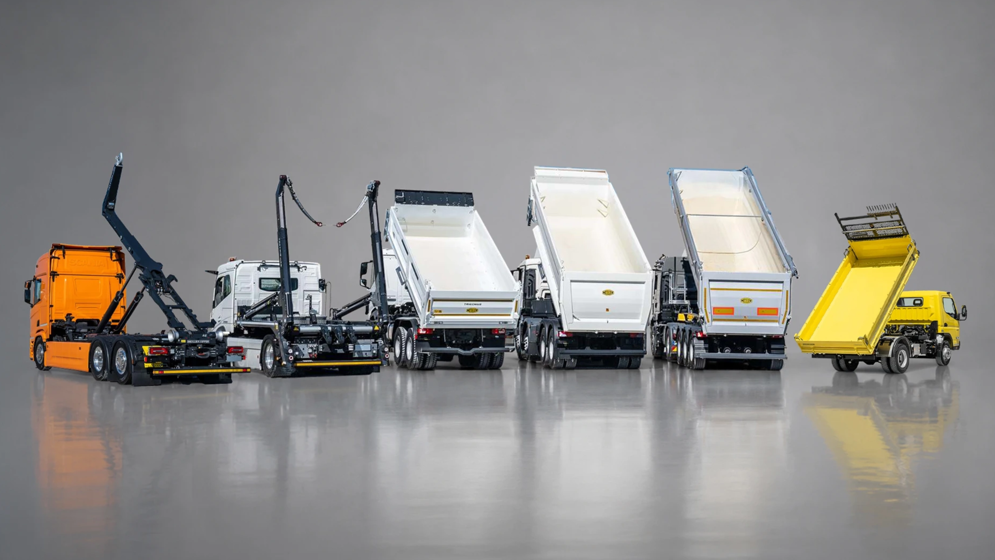 Meiller lineup of truck bodies and tipping systems on a white background.