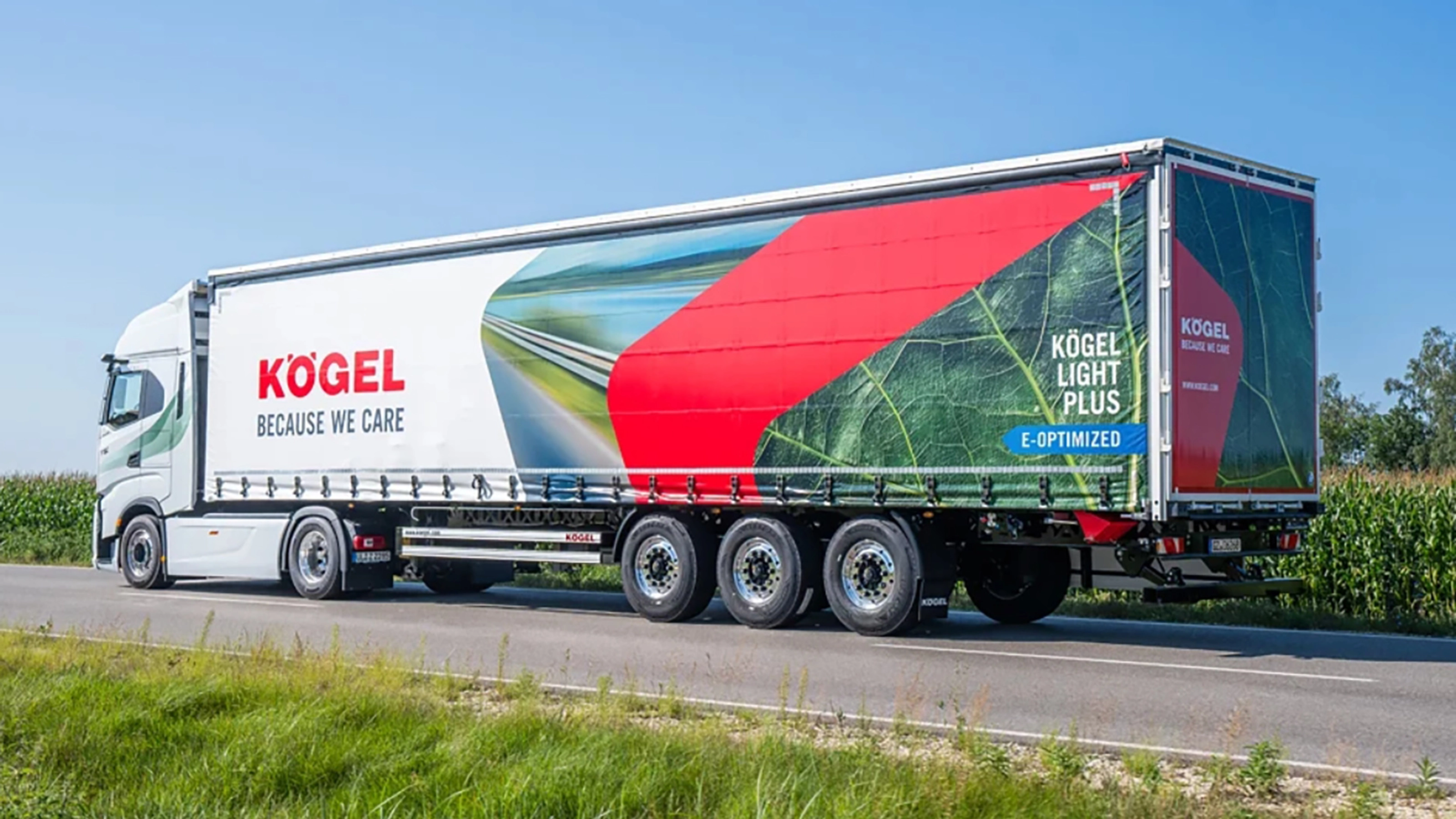 Kögel Light Plus trailer on road with brand logo and eco design.