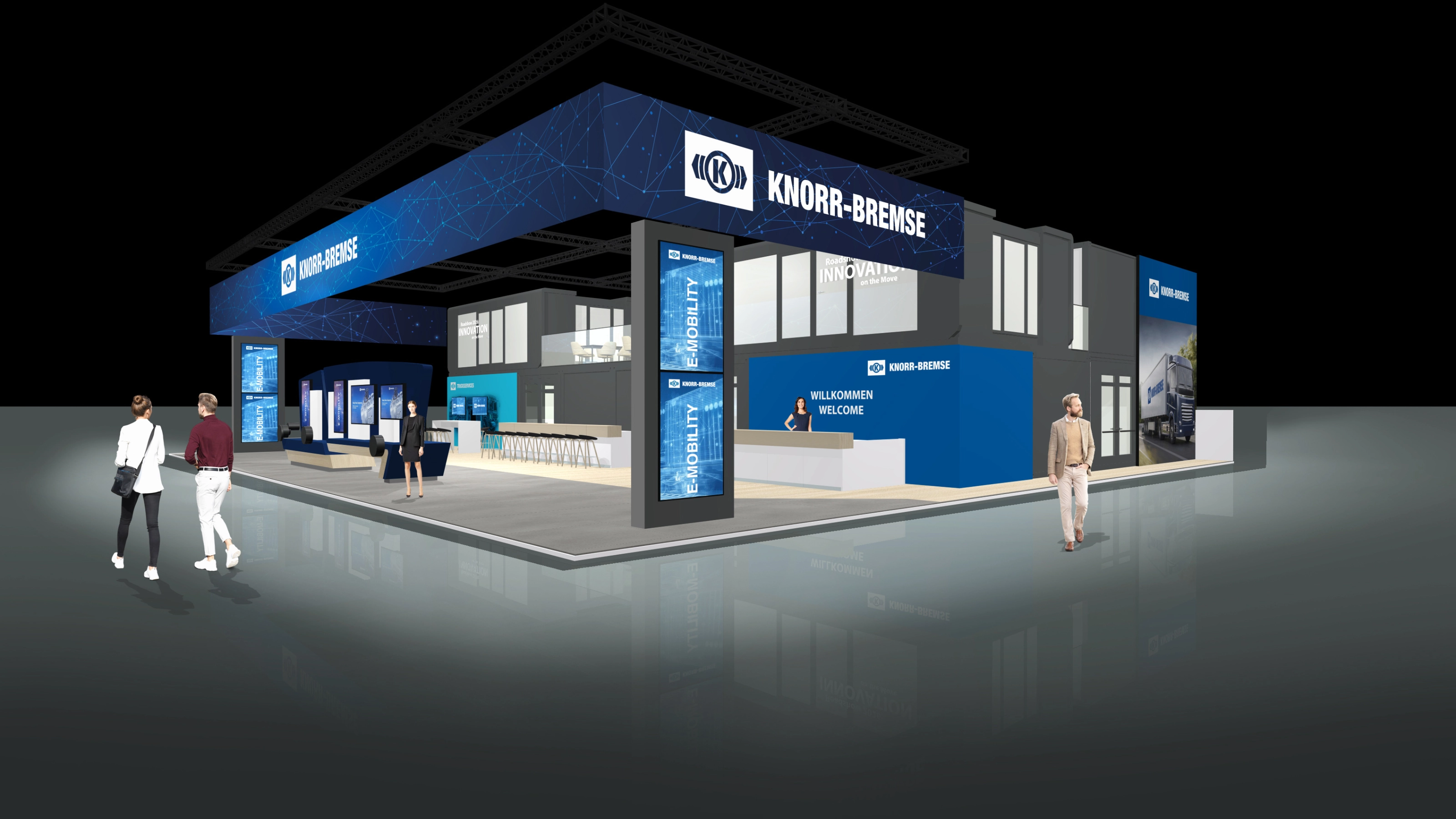 Knorr-Bremse exhibition stand with digital displays and meeting areas at a trade fair.