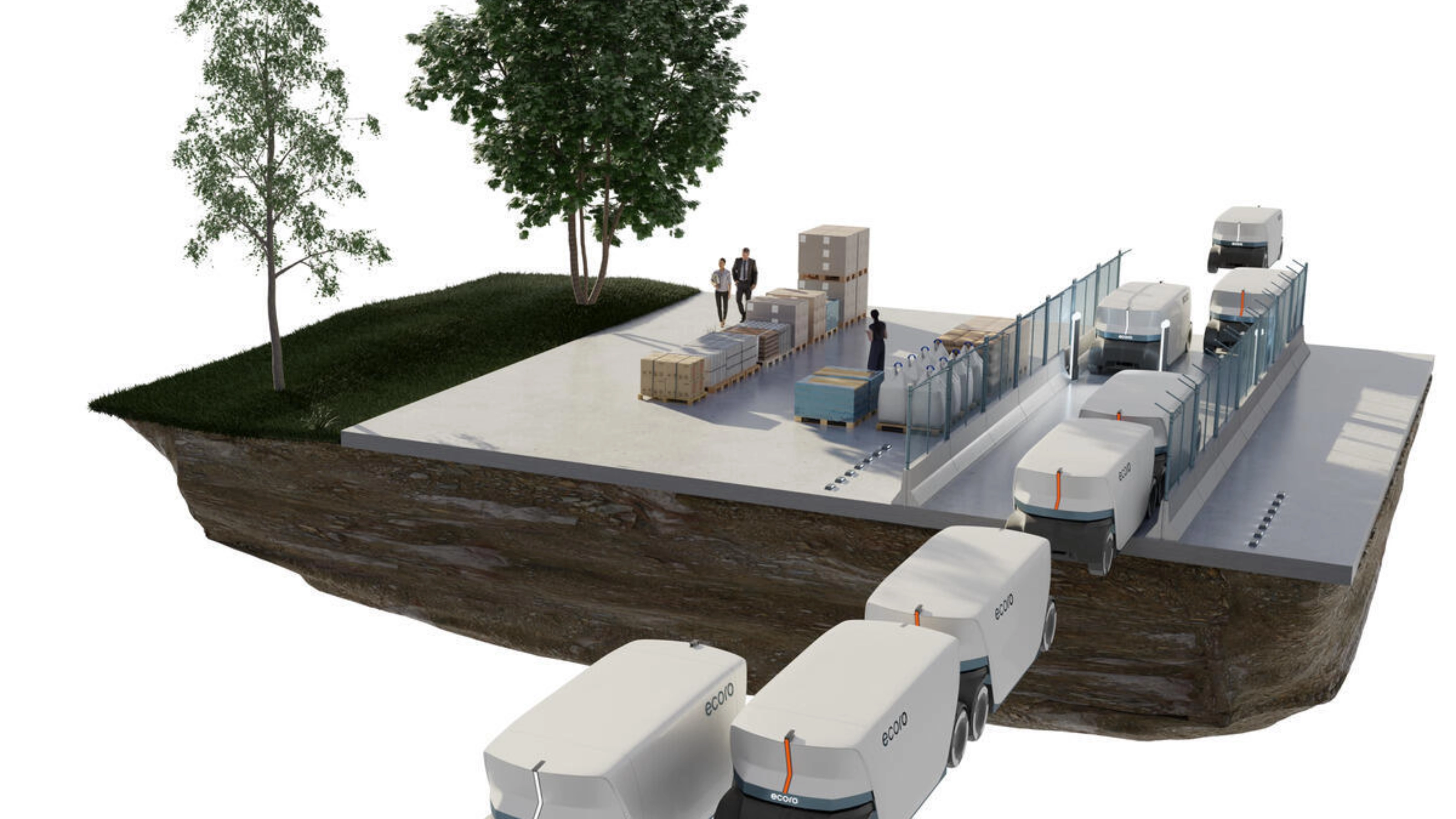 Concept image of autonomous delivery vehicles at a logistics hub with people and cargo.