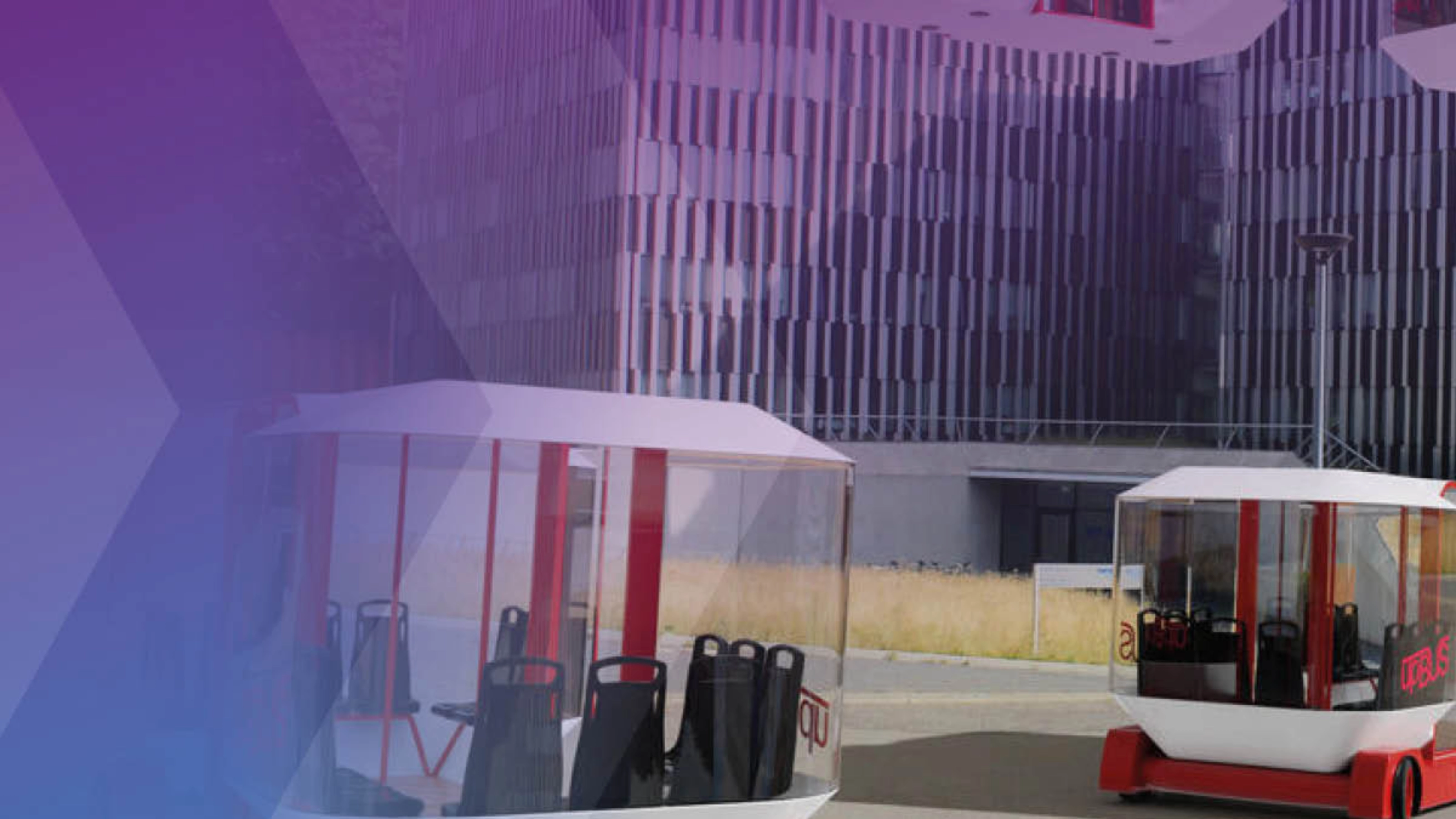 Several futuristic cable cars and ground pods are shown near a modern office building.