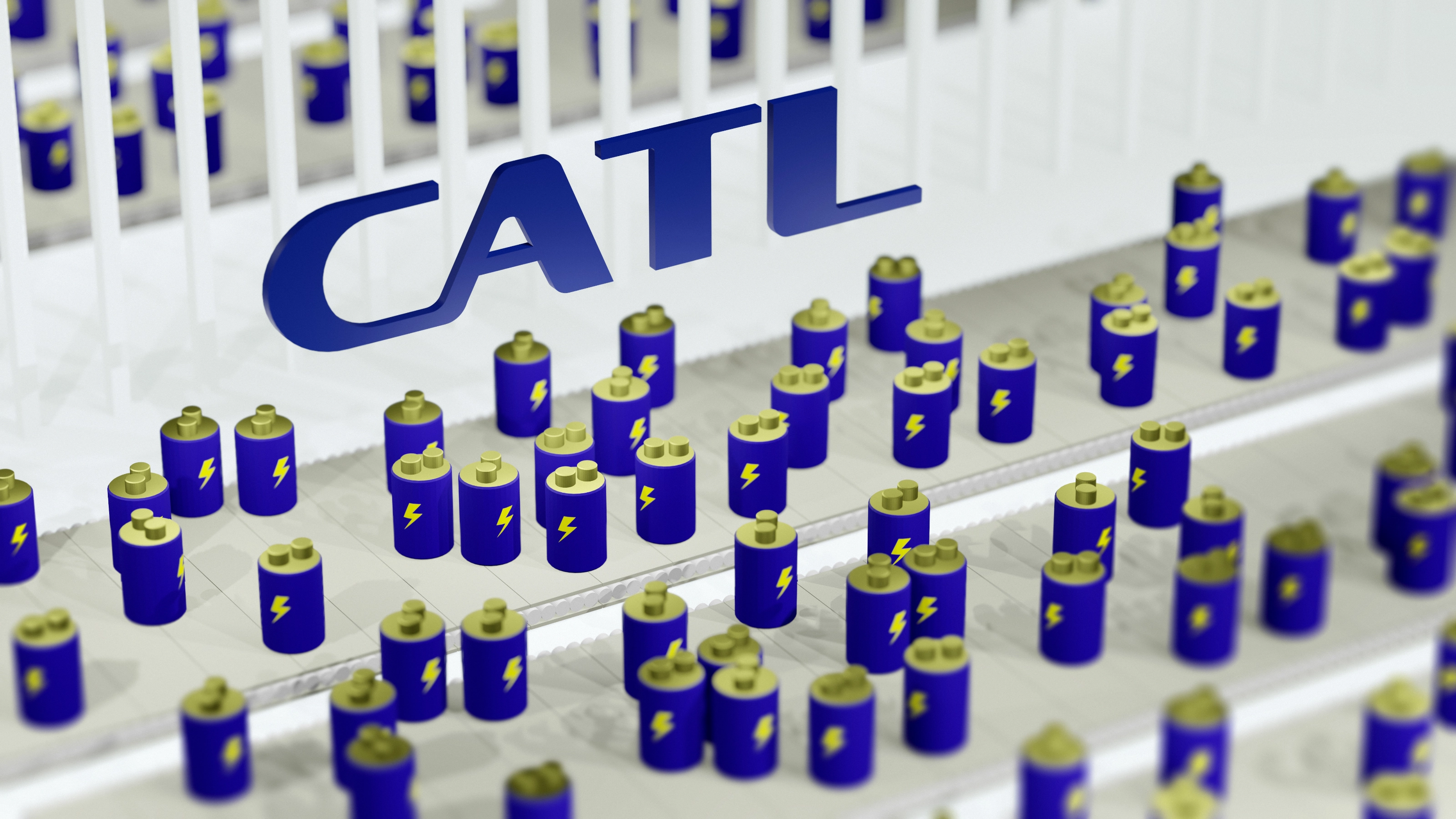 CATL logo above rows of battery icons on a production line.