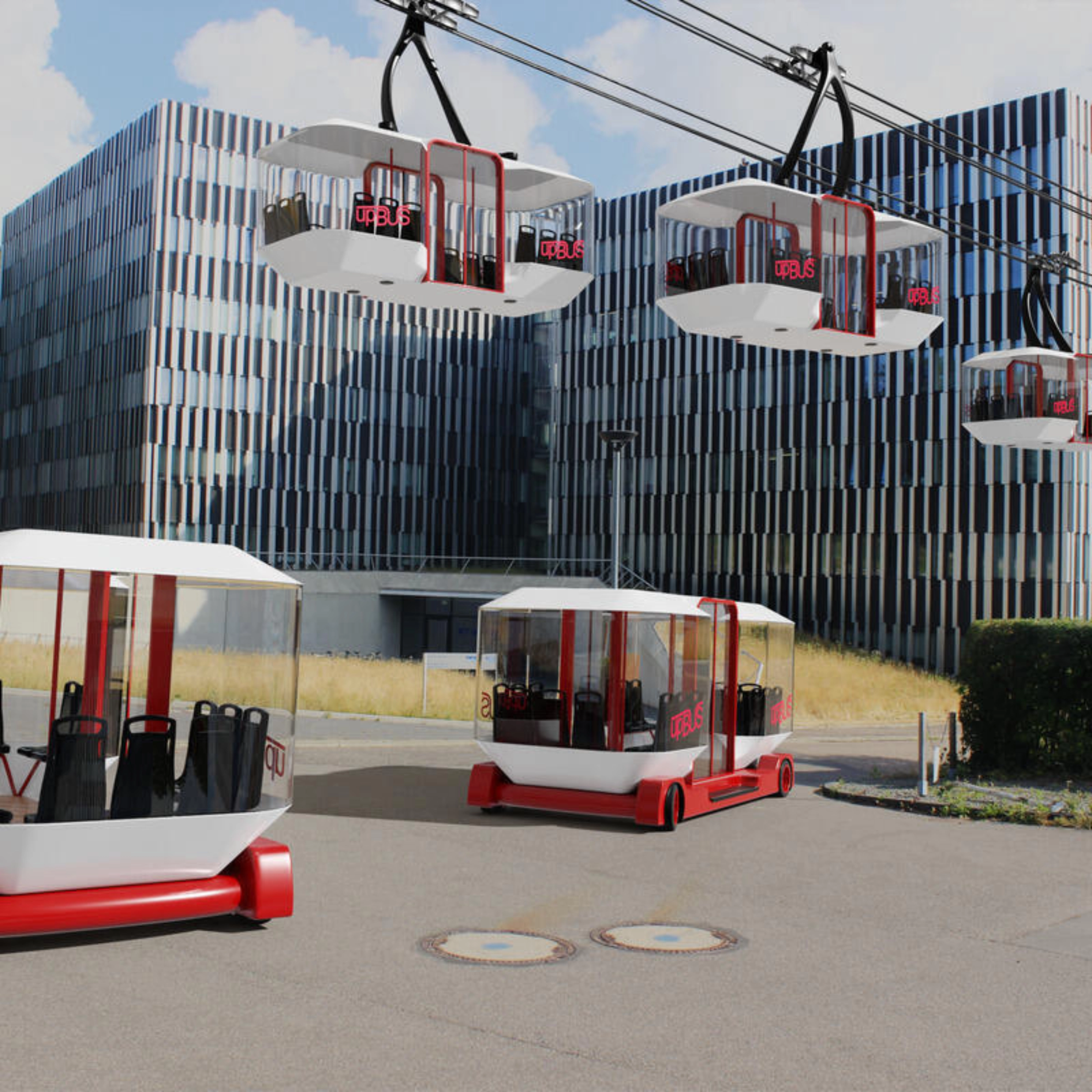 Moderne Seilbahnen und Bodenfahrzeuge des upBUS-Systems stehen vor Bürogebäuden.