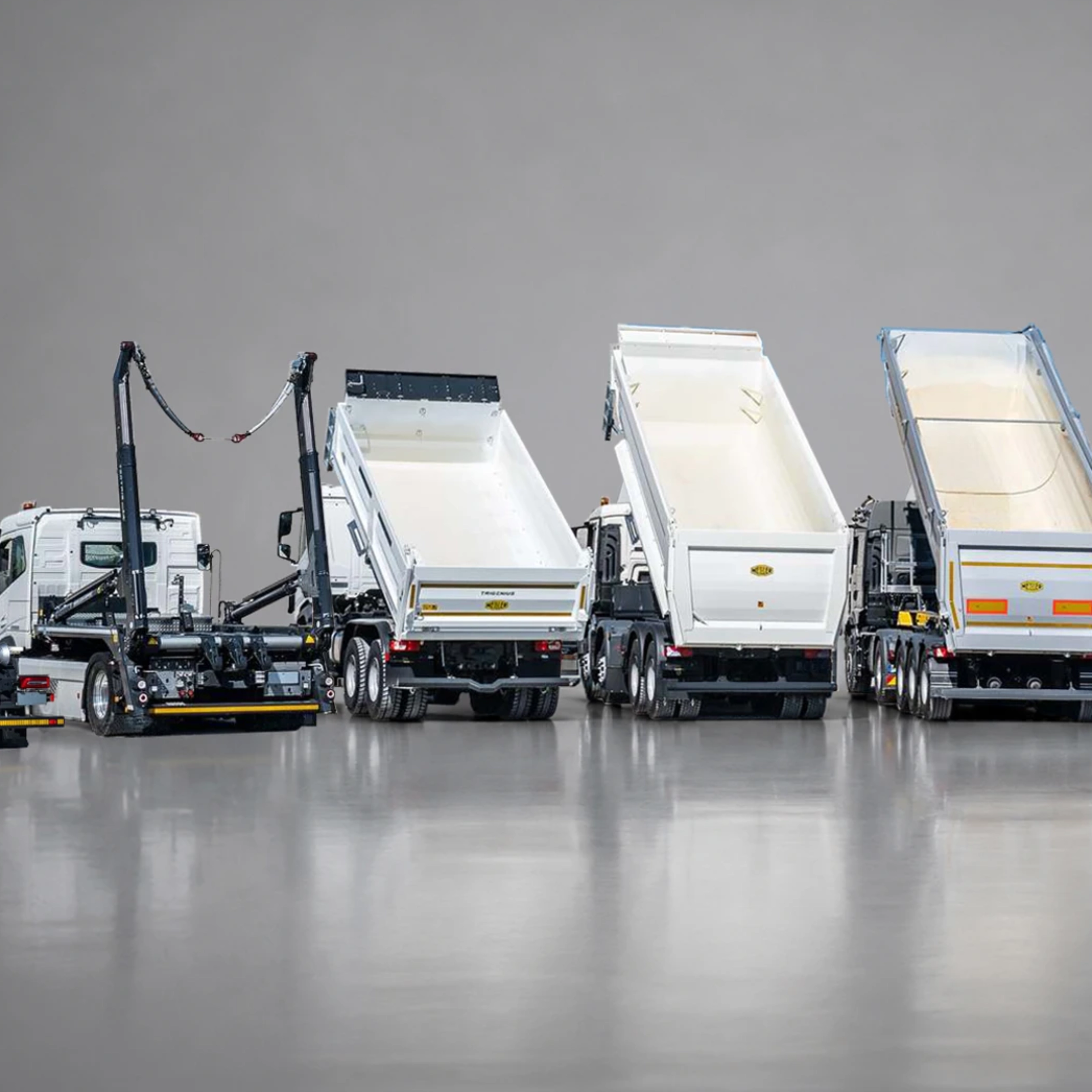 Meiller lineup of truck bodies and tipping systems on a white background.