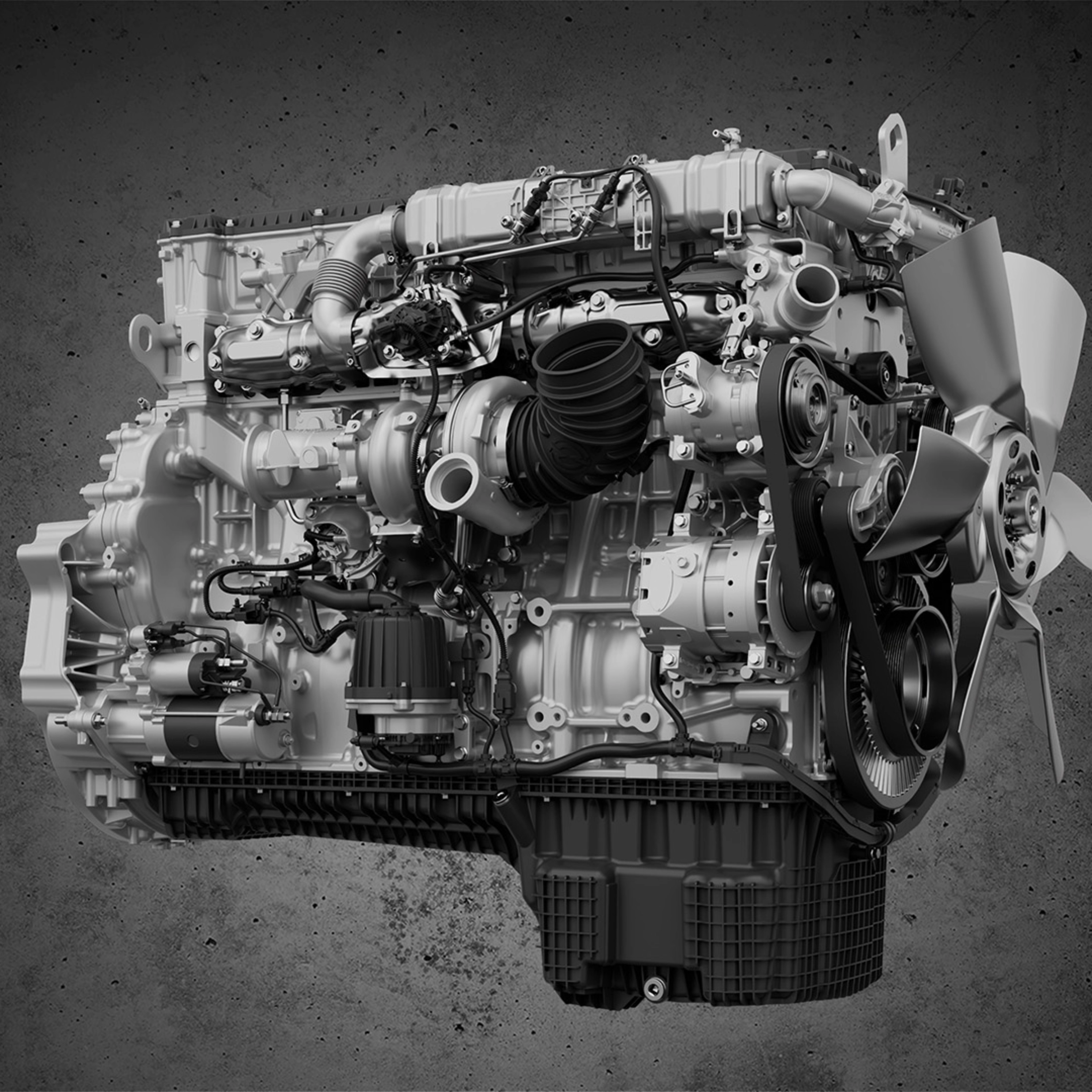 Detailed view of a truck engine with fan and visible components.