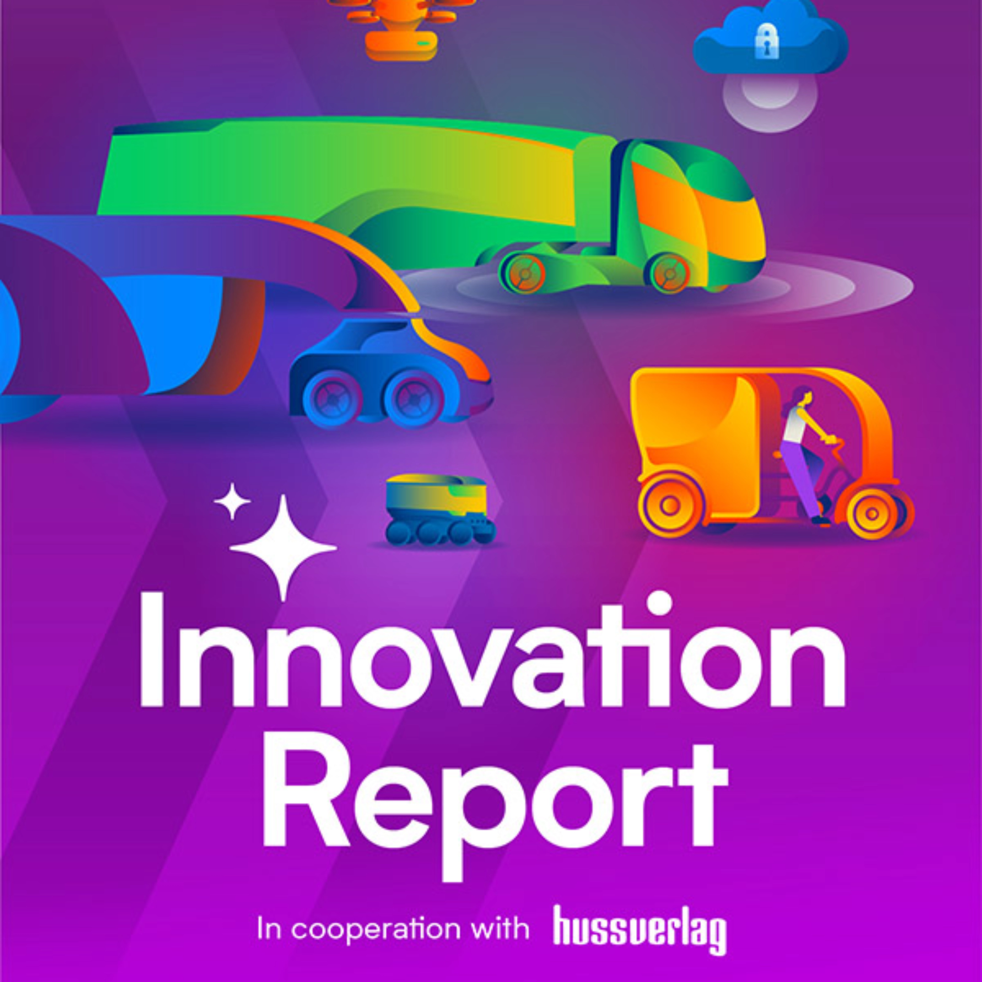 Cover of the “Innovation Report” with illustrations of connected autonomous vehicles.