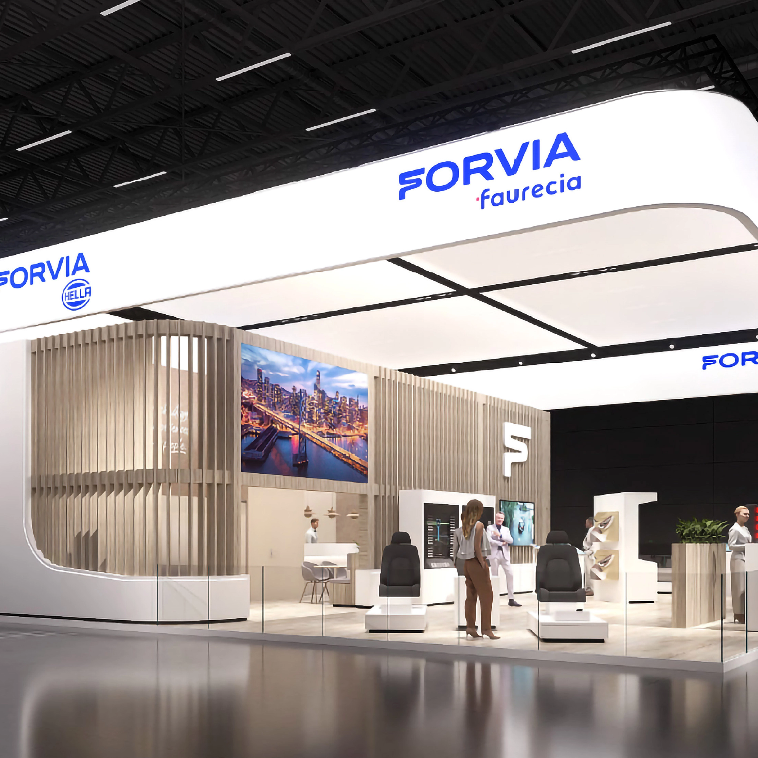 FORVIA-Messestand mit Ausstellungsflächen und Besprechungsbereichen.