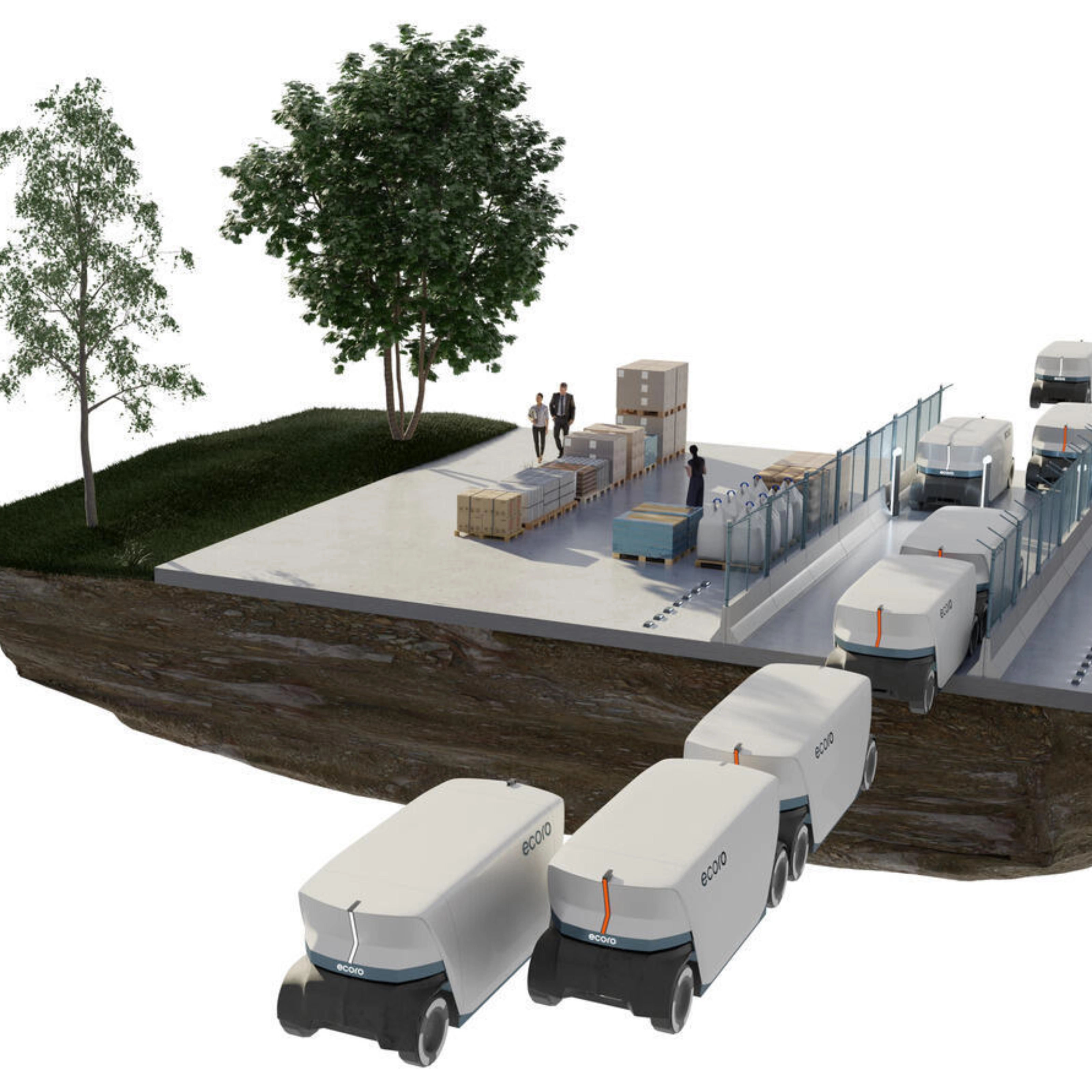 Concept image of autonomous delivery vehicles at a logistics hub with people and cargo.