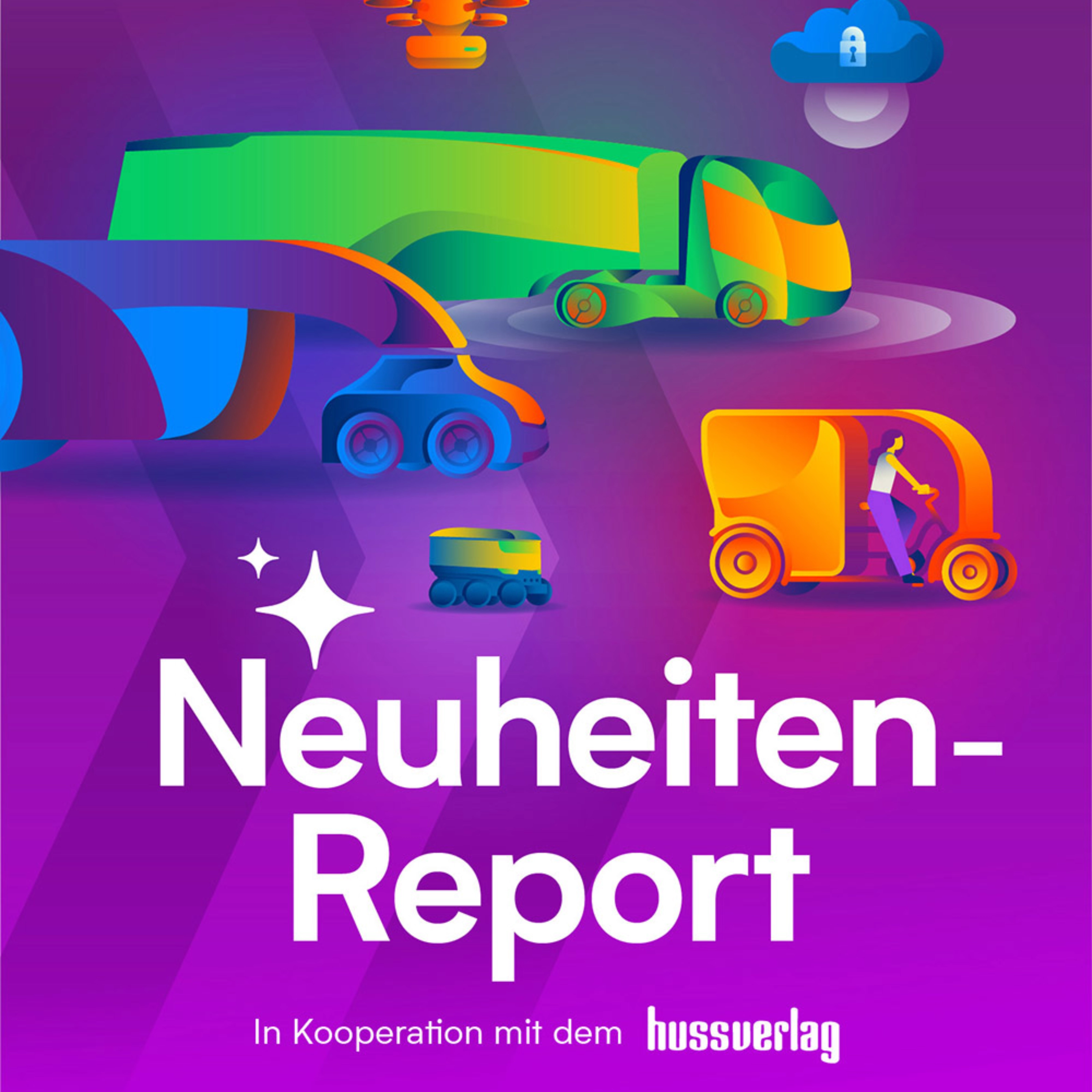 Titelbild des „Neuheiten Report“ mit Illustrationen vernetzter autonomer Fahrzeuge.