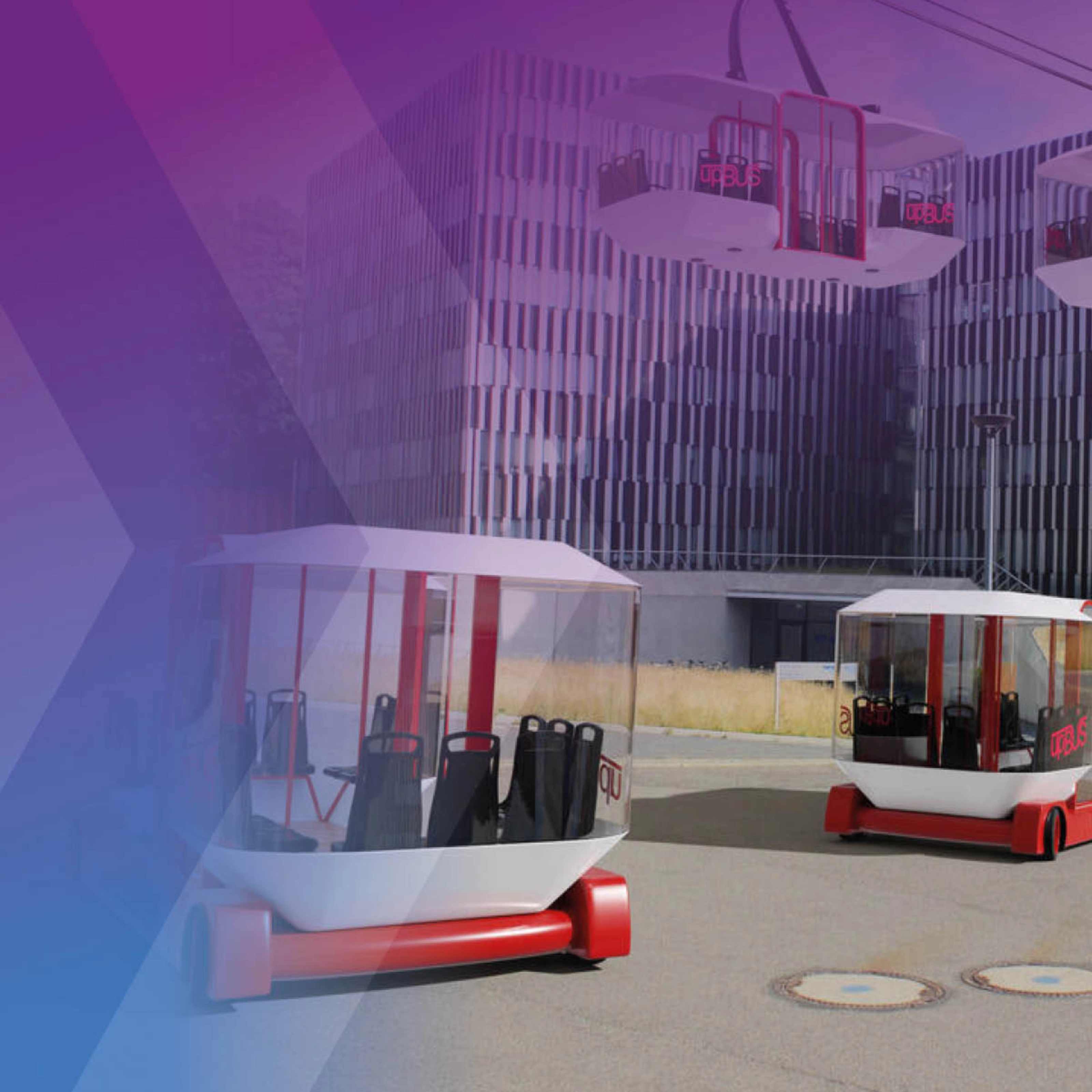 Several futuristic cable cars and ground pods are shown near a modern office building.