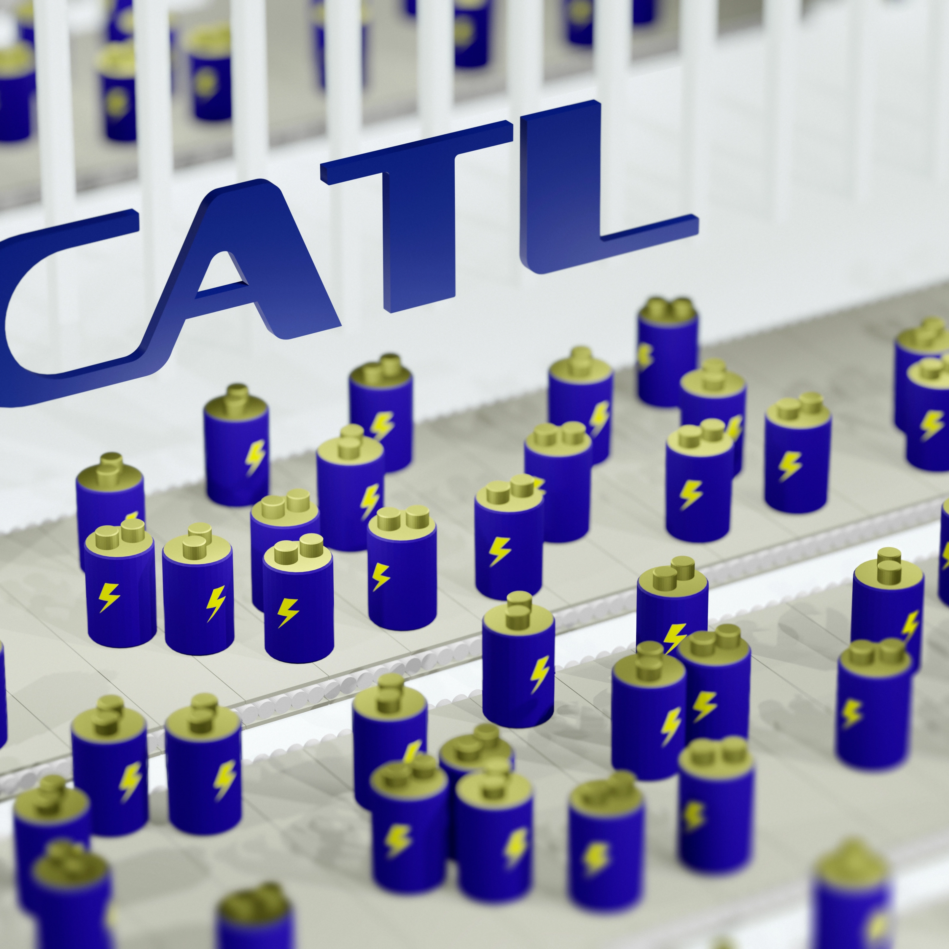 CATL logo above rows of battery icons on a production line.