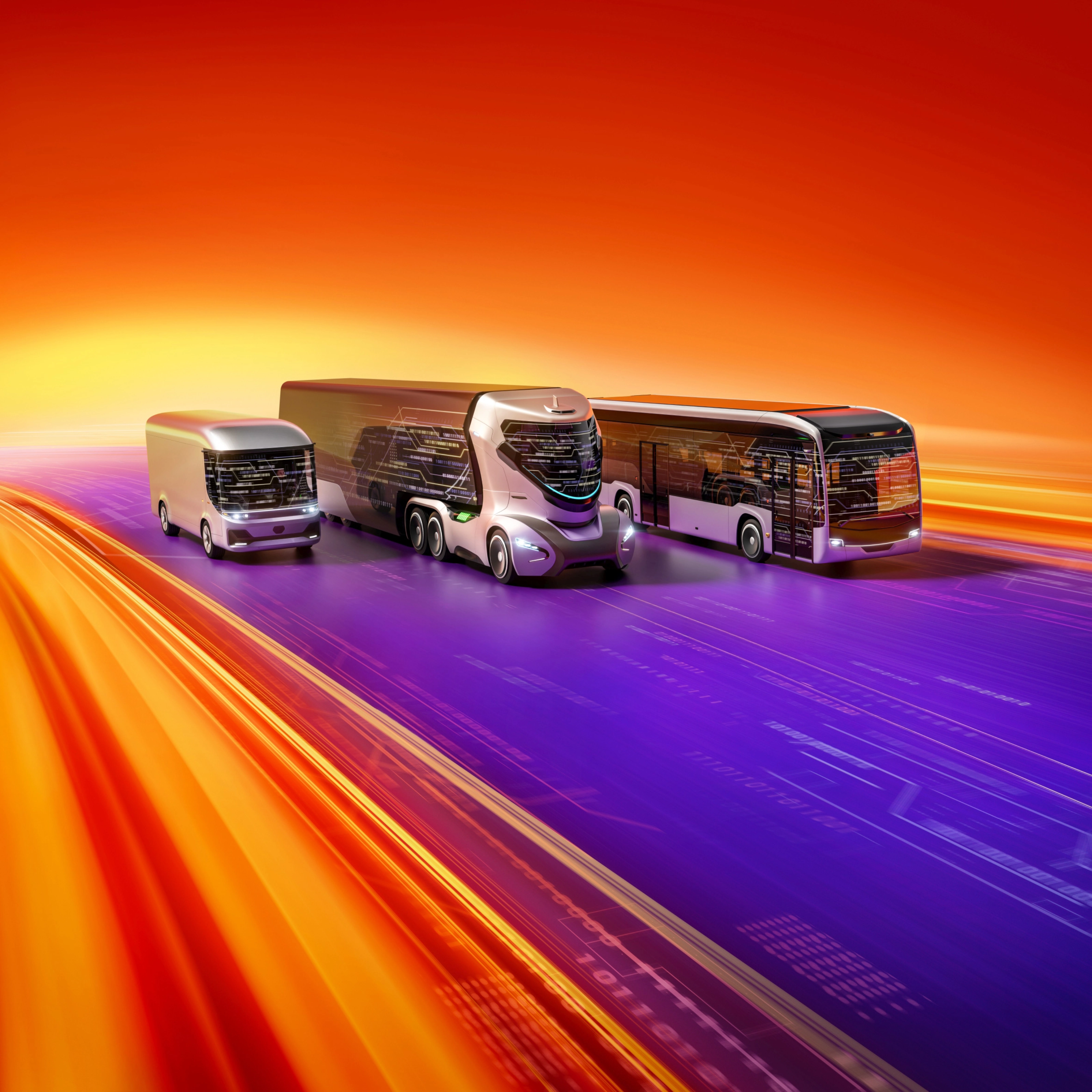 Flotte von Nutzfahrzeugen auf digitaler Straße mit vernetzter Mobilitätsdarstellung.