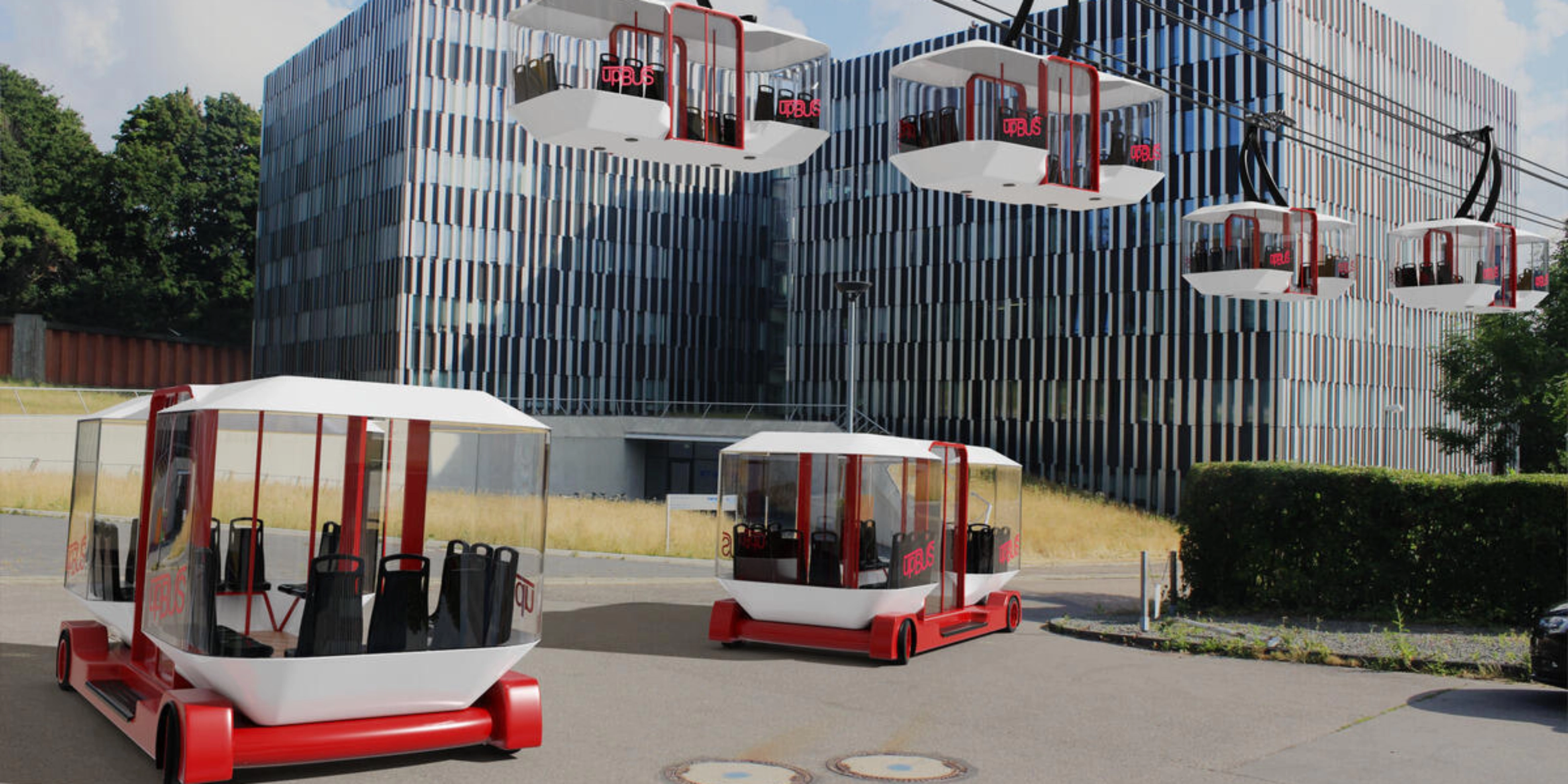 Moderne Seilbahnen und Bodenfahrzeuge des upBUS-Systems stehen vor Bürogebäuden.