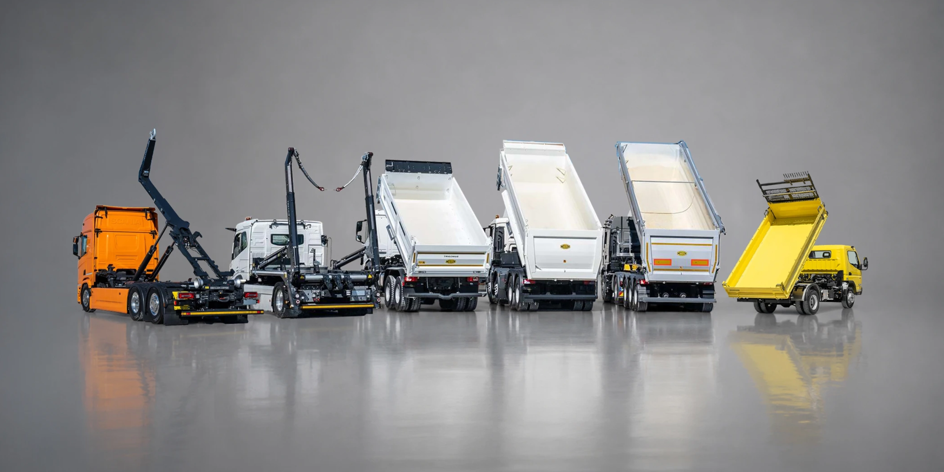 Meiller lineup of truck bodies and tipping systems on a white background.