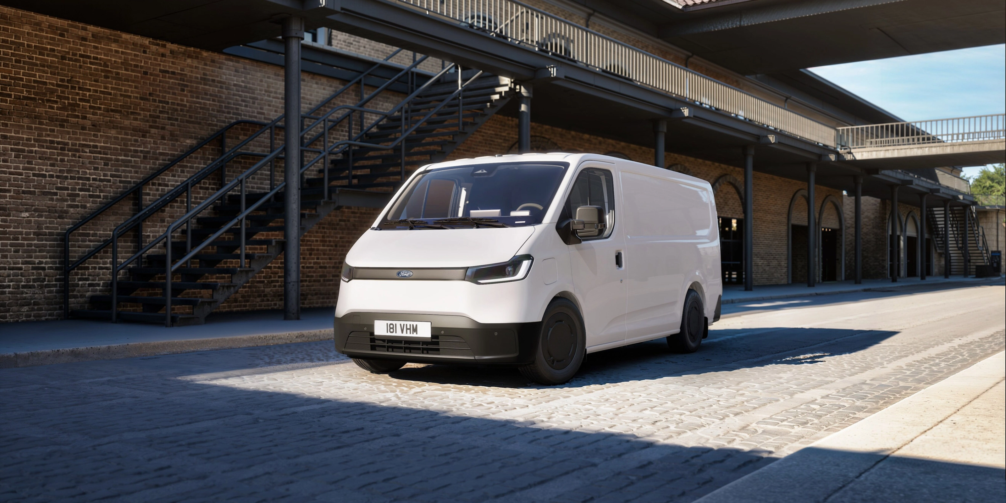 Ford Pro cargo van parked in a courtyard between historic buildings.