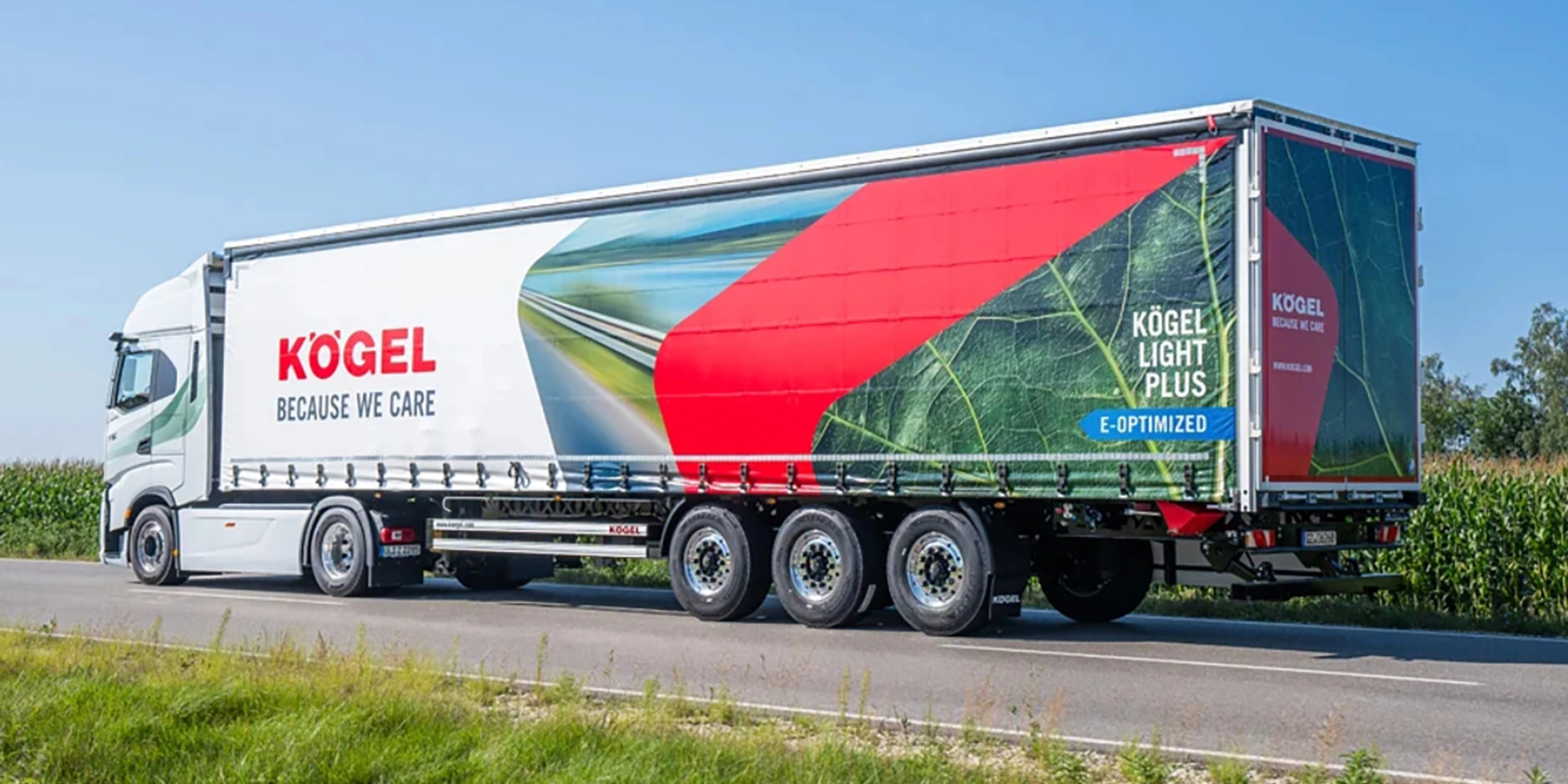 Kögel Light Plus trailer on road with brand logo and eco design.