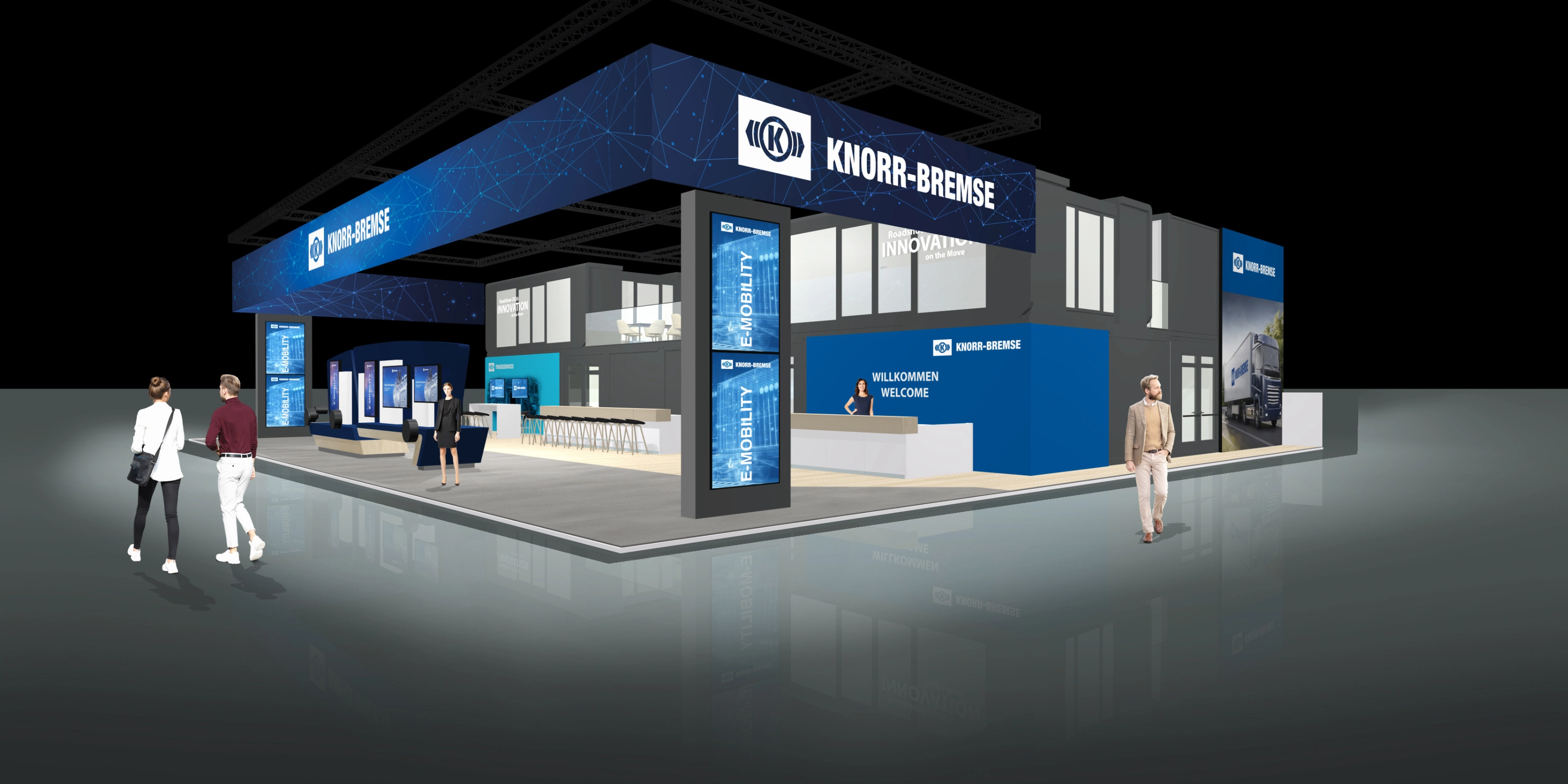 Knorr-Bremse exhibition stand with digital displays and meeting areas at a trade fair.