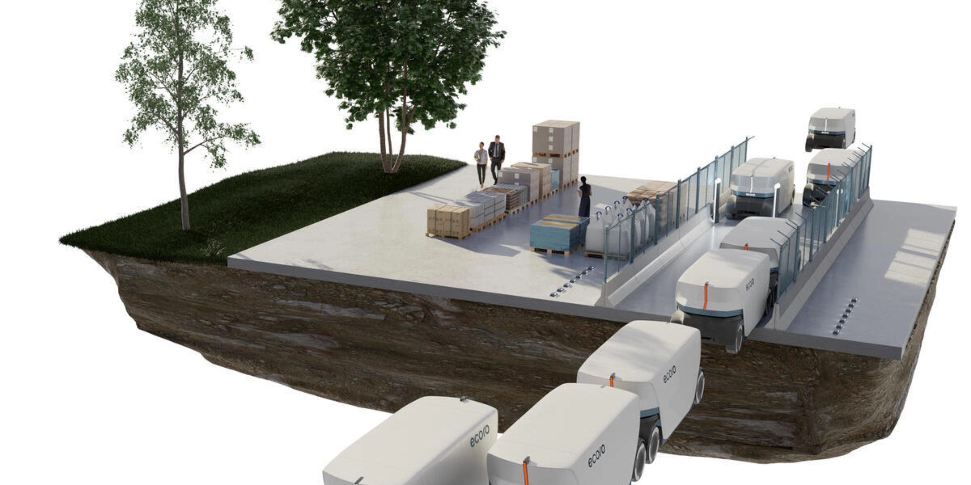 Concept image of autonomous delivery vehicles at a logistics hub with people and cargo.