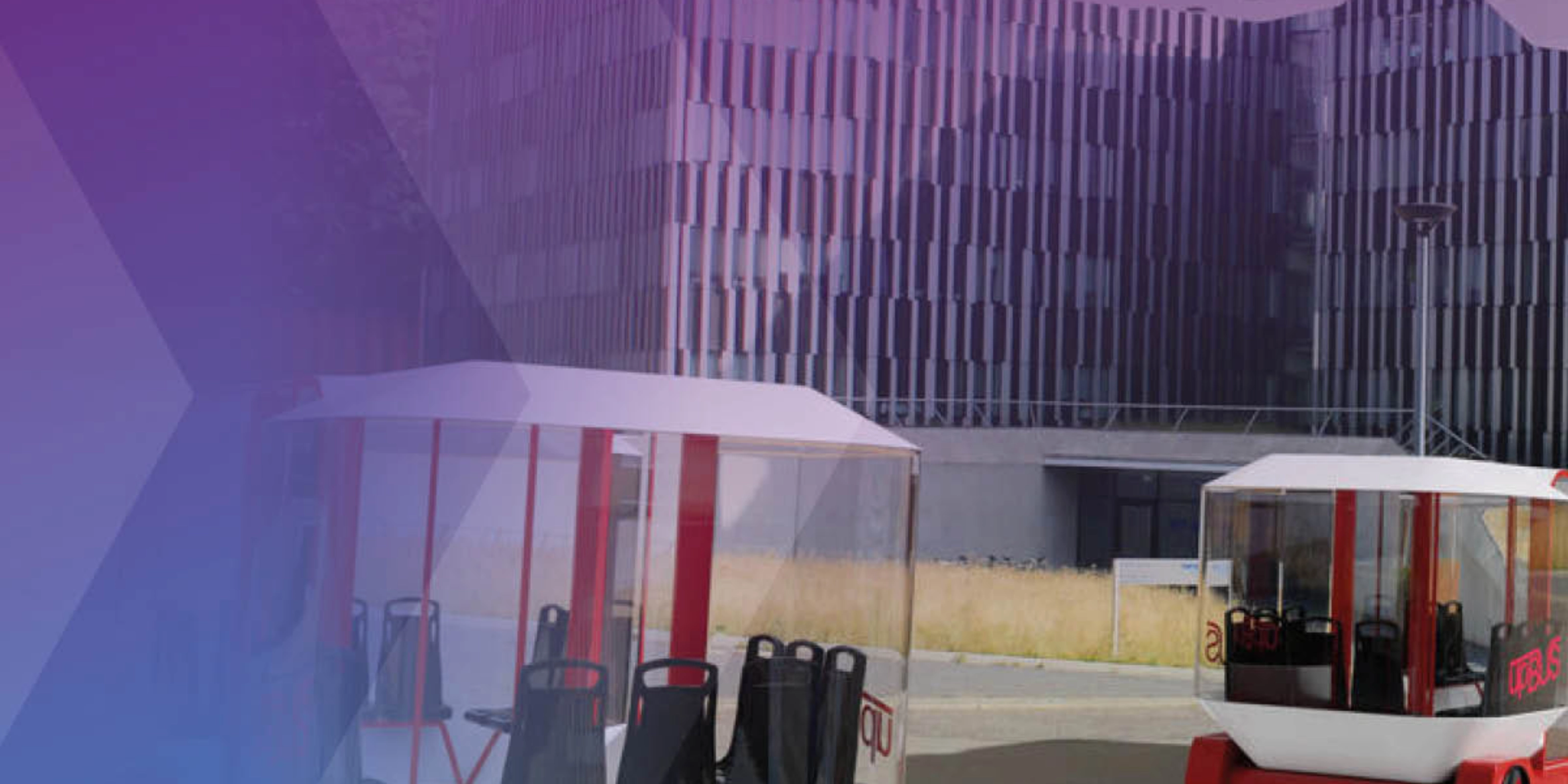 Several futuristic cable cars and ground pods are shown near a modern office building.