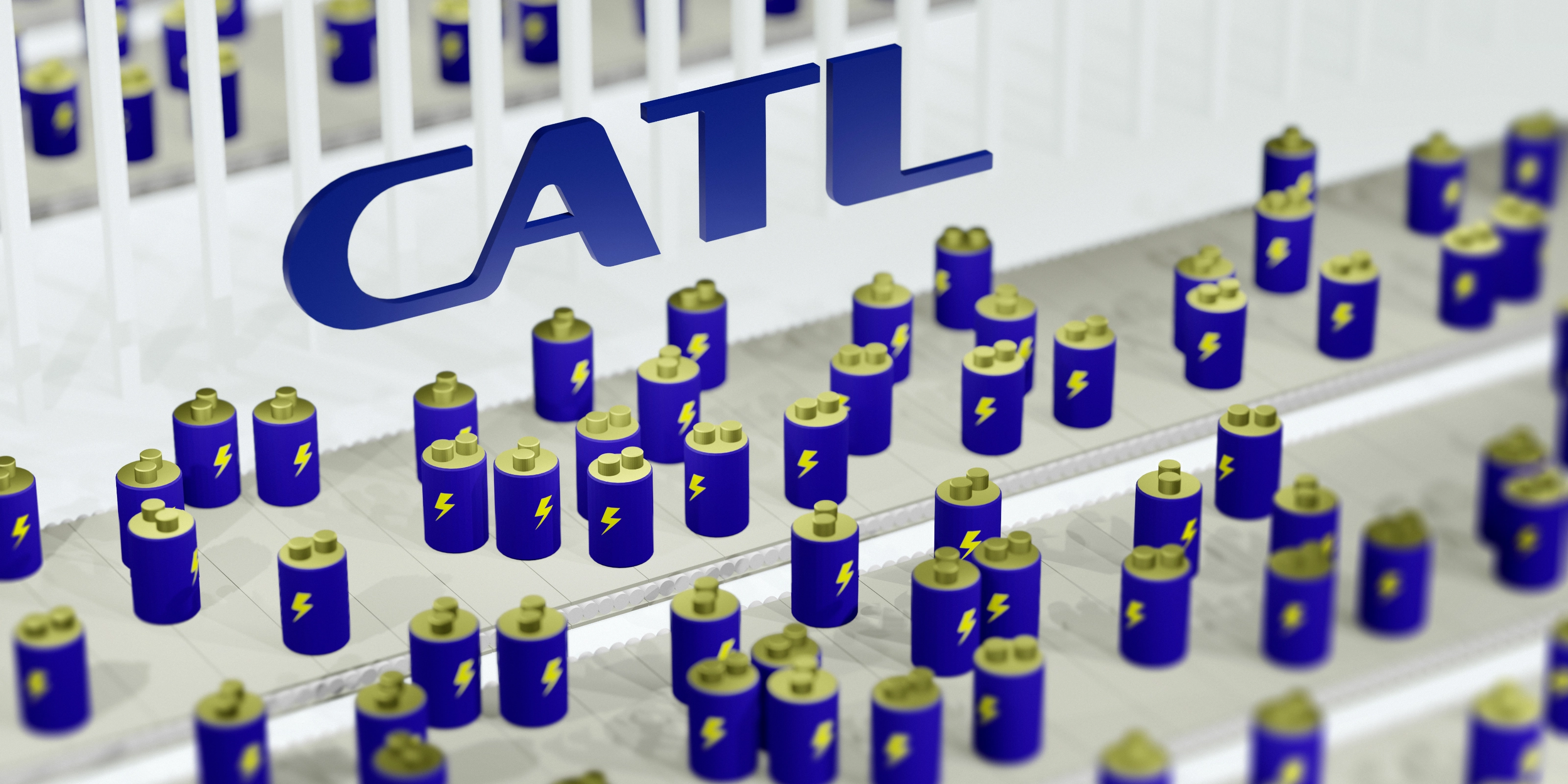 CATL logo above rows of battery icons on a production line.