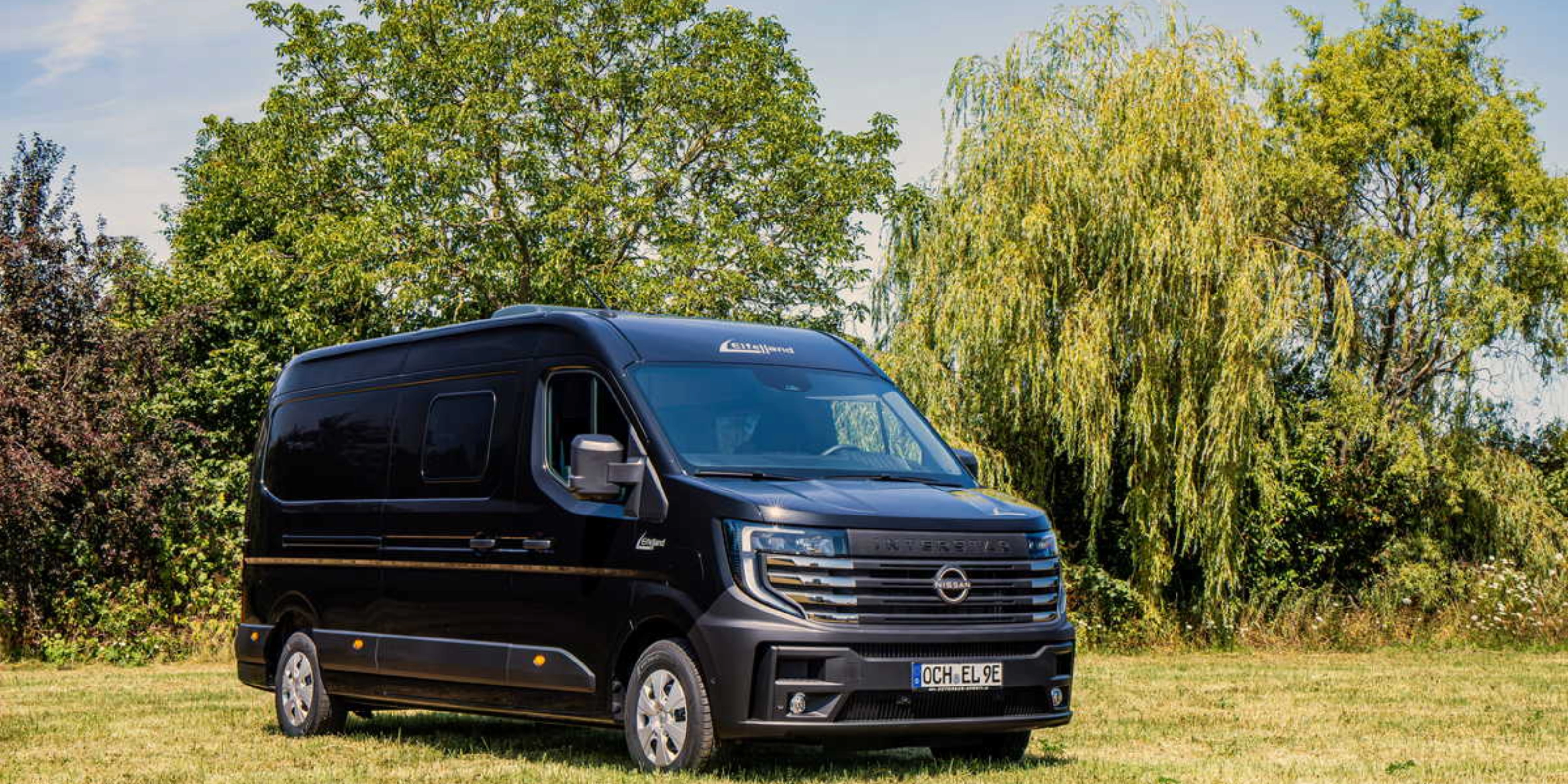 Elektrischer Nissan-Transporter steht auf einer Wiese vor Bäumen.