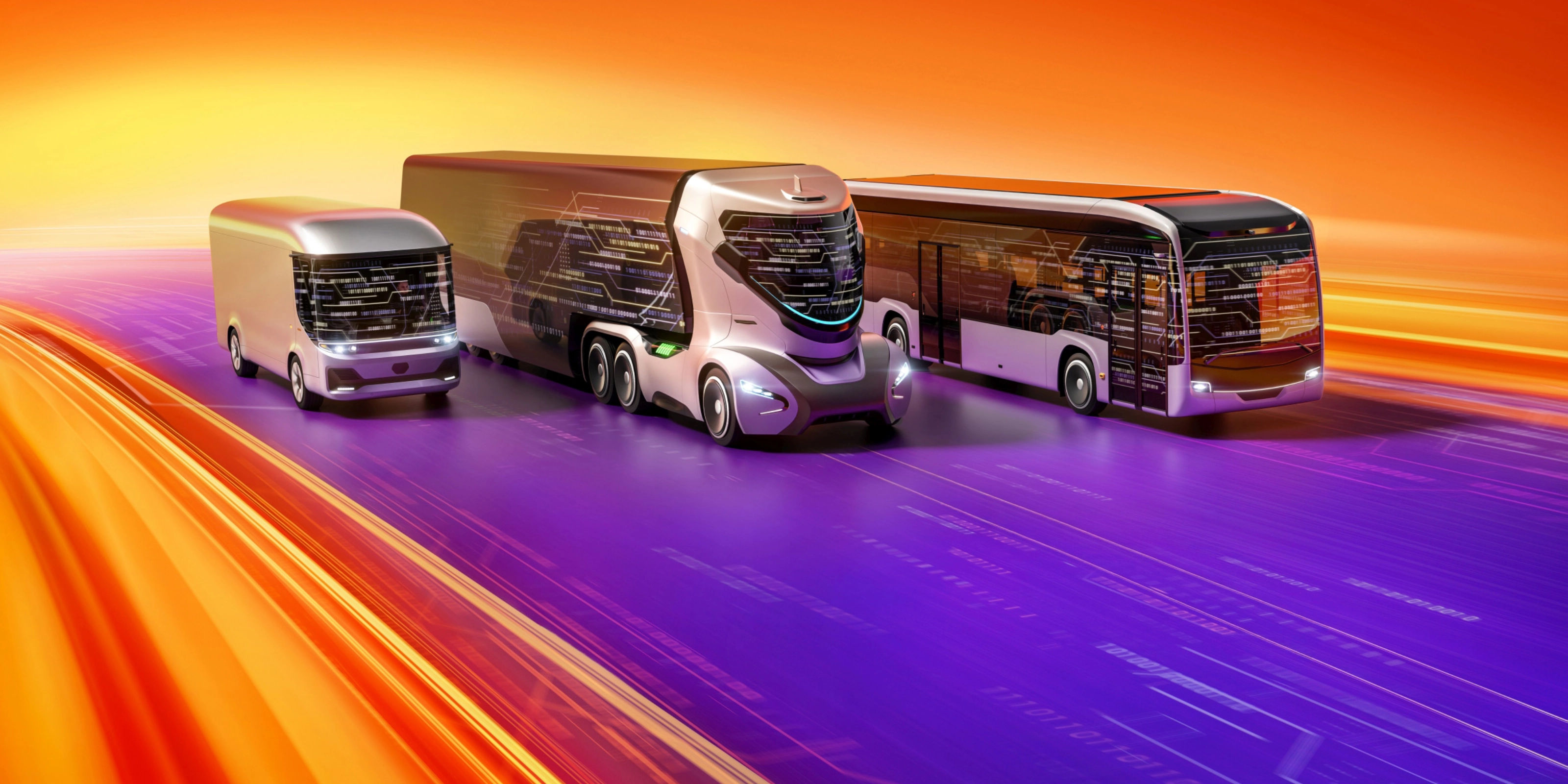 Flotte von Nutzfahrzeugen auf digitaler Straße mit vernetzter Mobilitätsdarstellung.