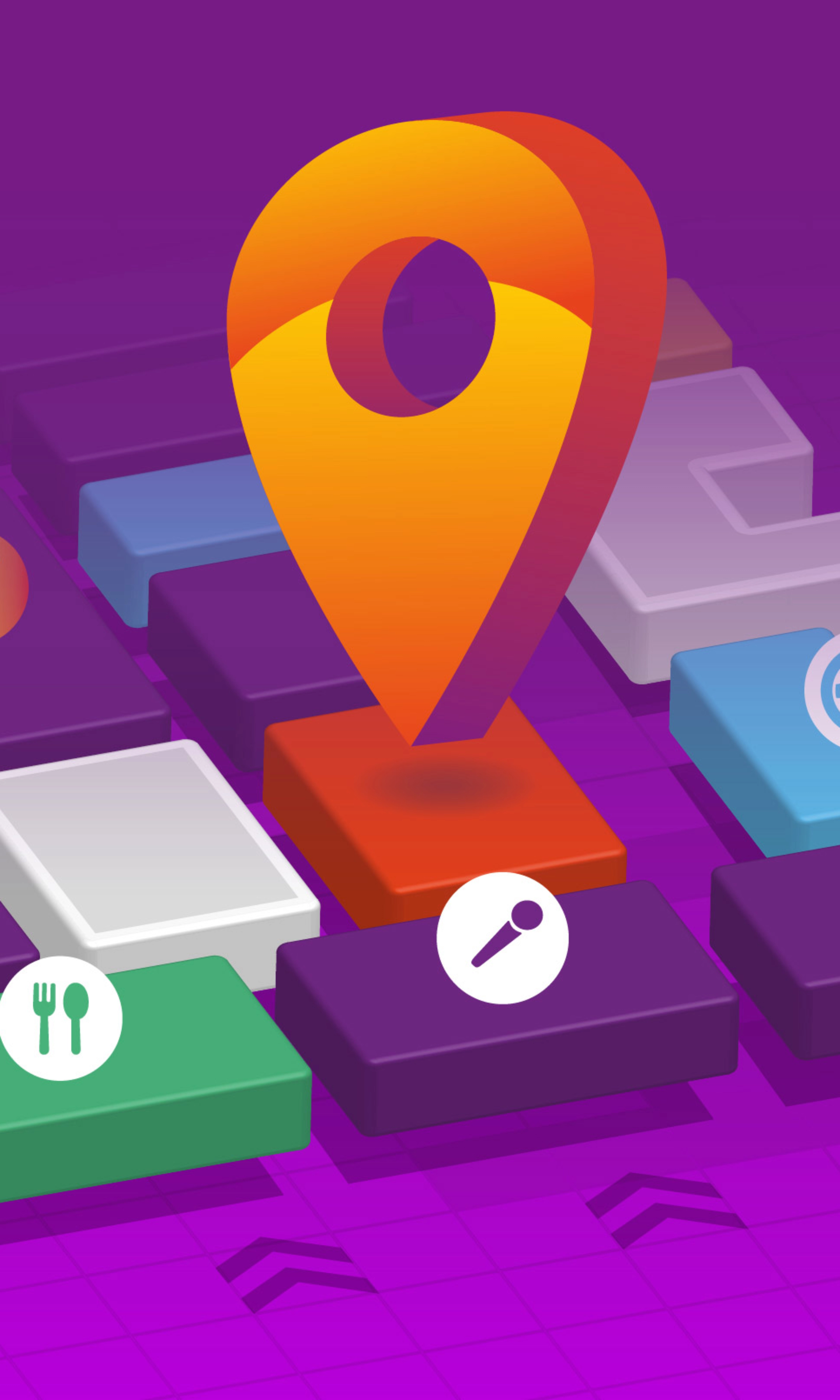 Standort-Pin auf stilisierter Karte mit Symbolen für Essen, Events und Mobilität.