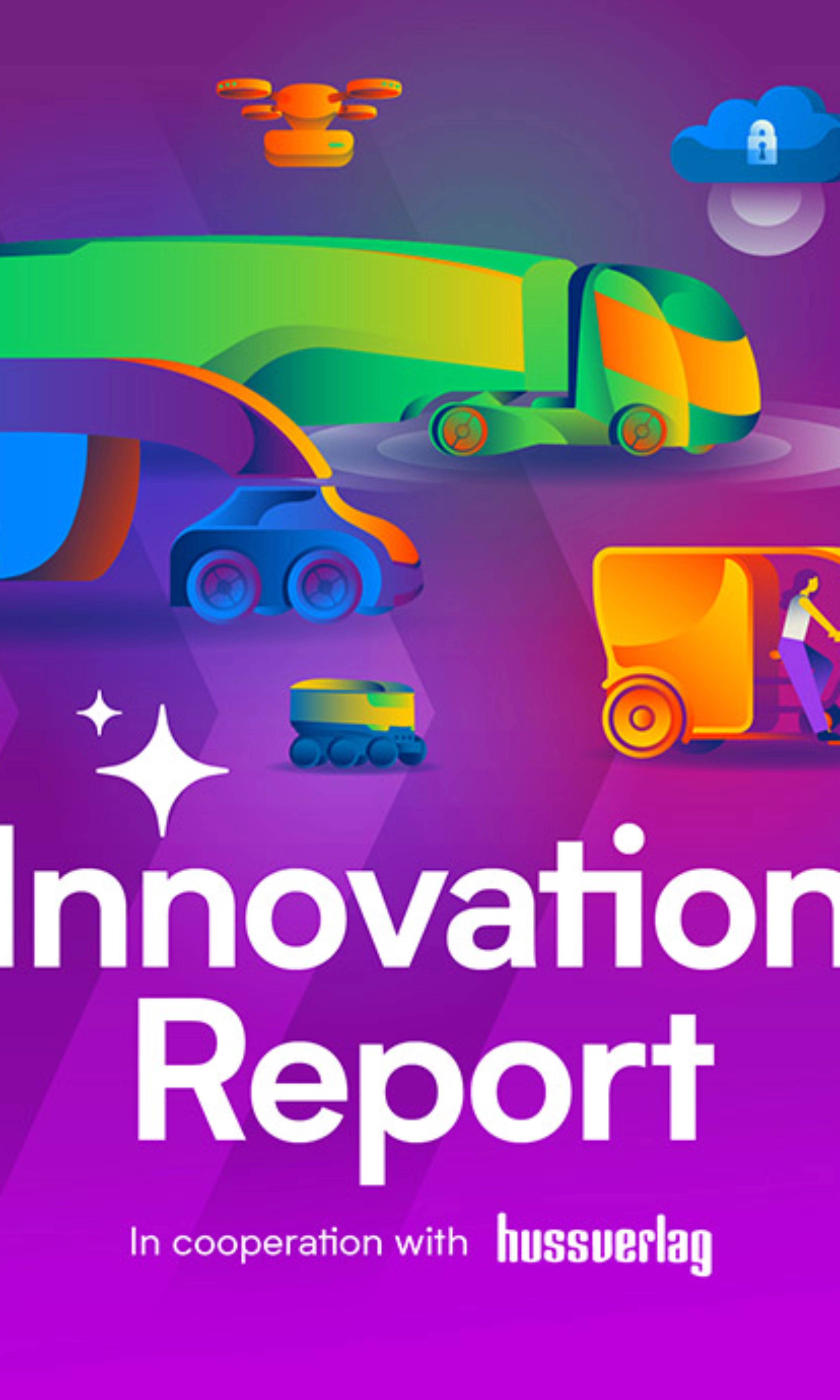 Cover of the “Innovation Report” with illustrations of connected autonomous vehicles.