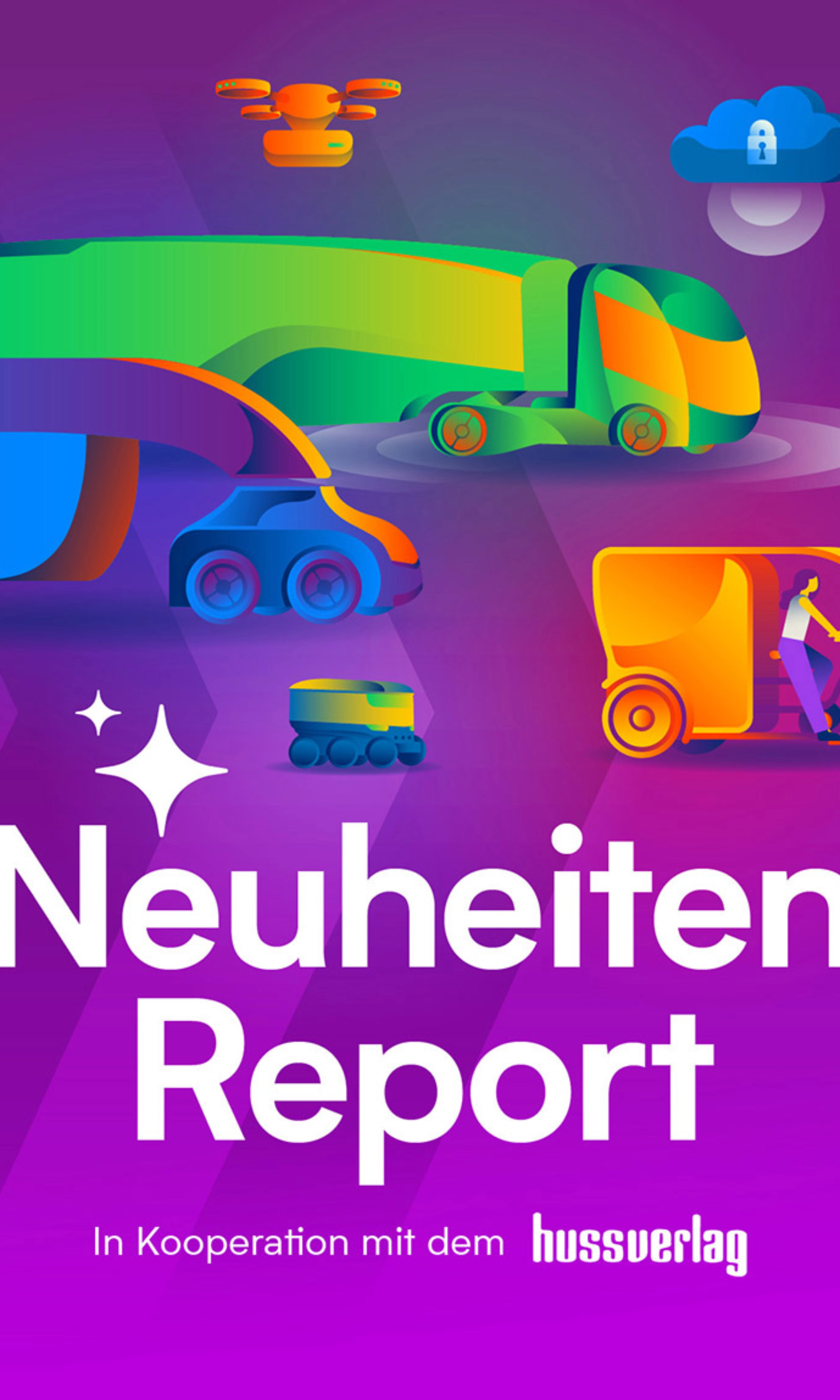 Titelbild des „Neuheiten Report“ mit Illustrationen vernetzter autonomer Fahrzeuge.