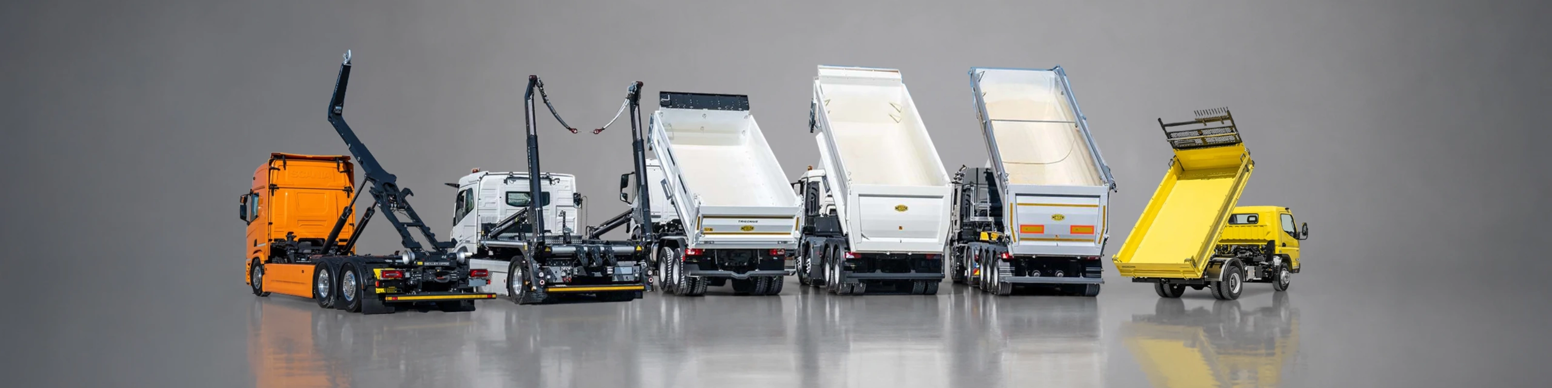 Meiller lineup of truck bodies and tipping systems on a white background.