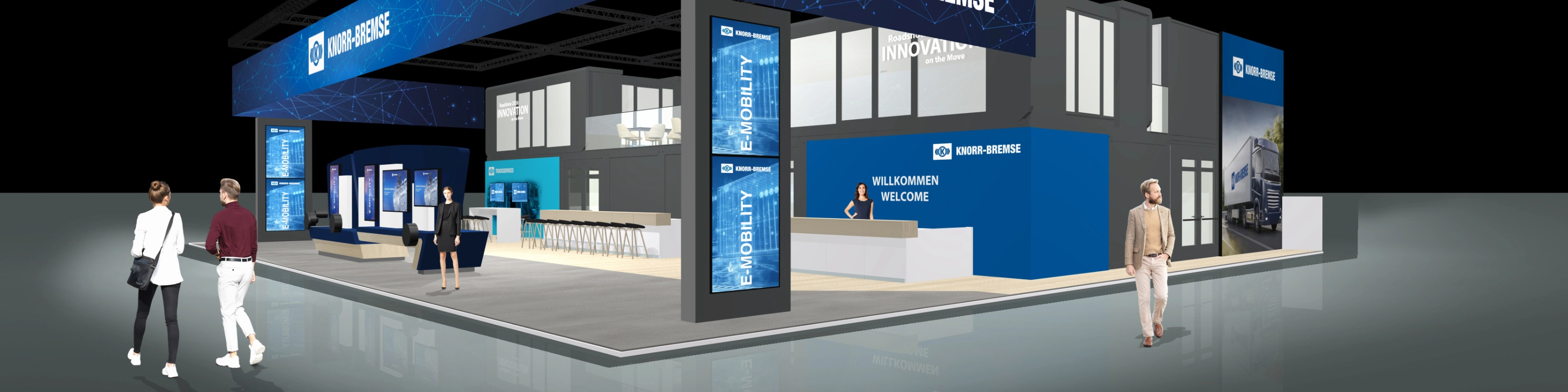 Knorr-Bremse exhibition stand with digital displays and meeting areas at a trade fair.