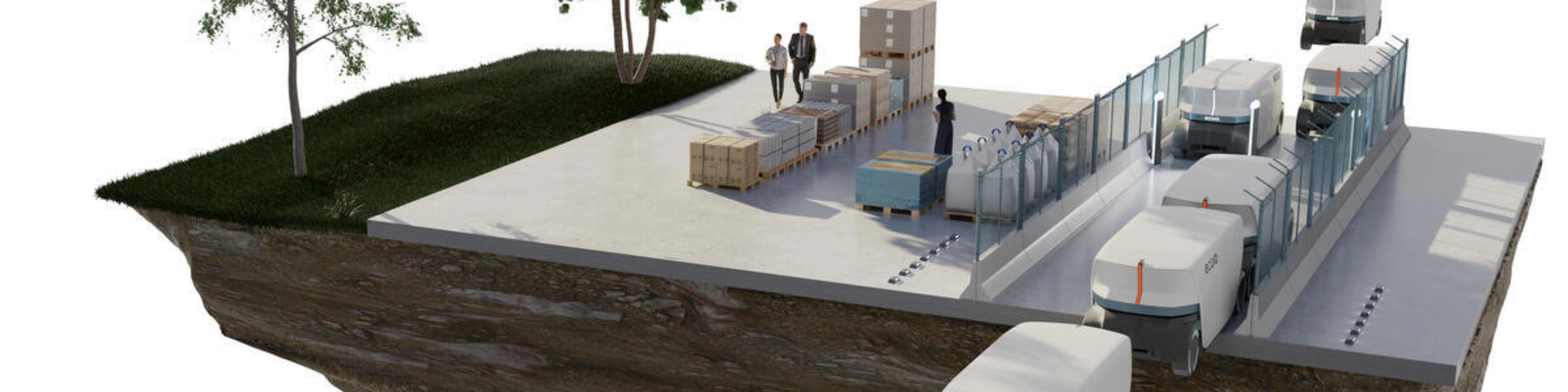 Concept image of autonomous delivery vehicles at a logistics hub with people and cargo.