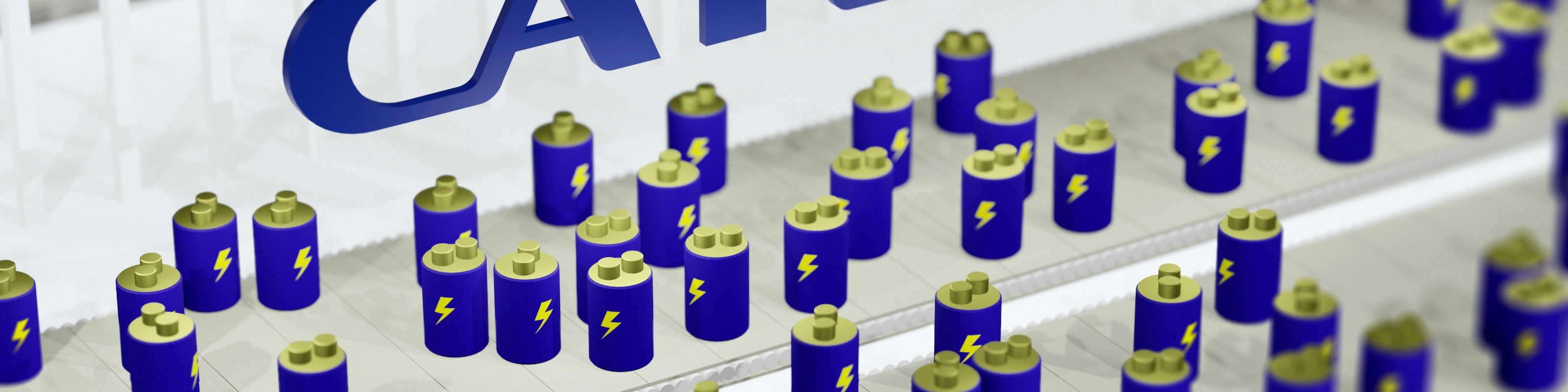 CATL logo above rows of battery icons on a production line.