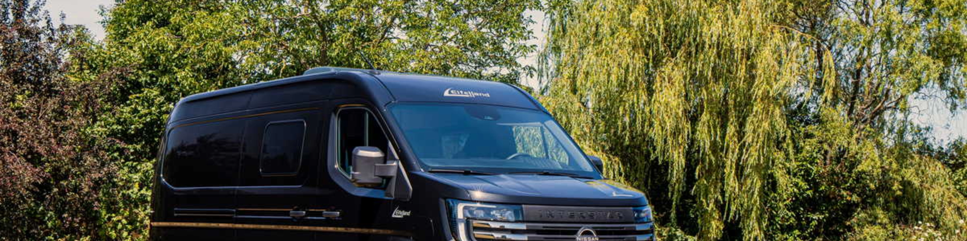 Elektrischer Nissan-Transporter steht auf einer Wiese vor Bäumen.
