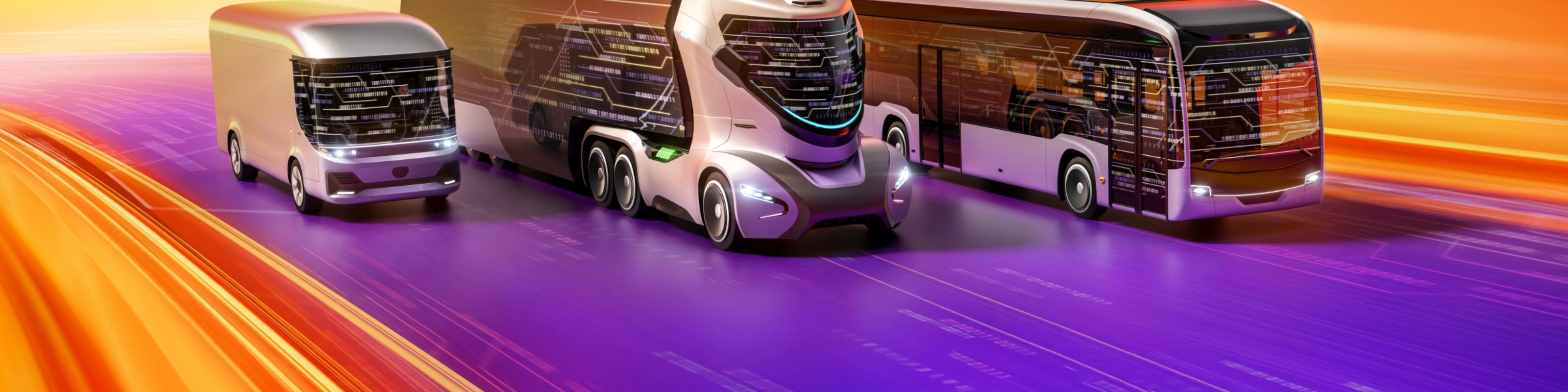 Flotte von Nutzfahrzeugen auf digitaler Straße mit vernetzter Mobilitätsdarstellung.
