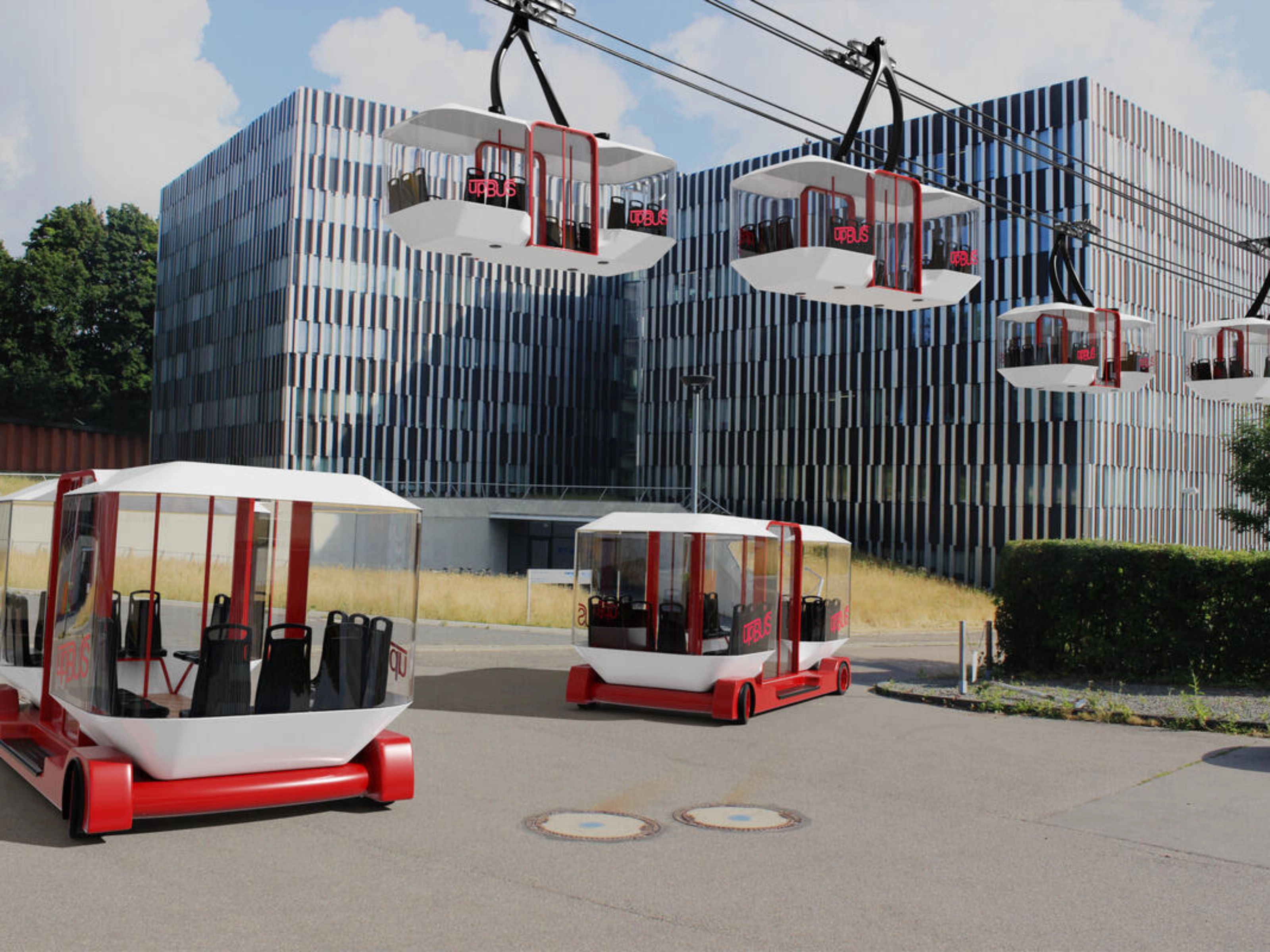 Moderne Seilbahnen und Bodenfahrzeuge des upBUS-Systems stehen vor Bürogebäuden.