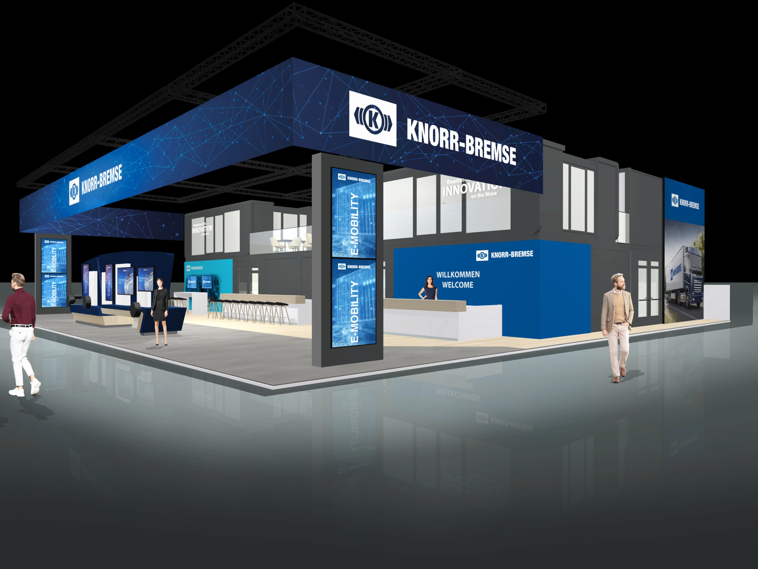 Knorr-Bremse exhibition stand with digital displays and meeting areas at a trade fair.