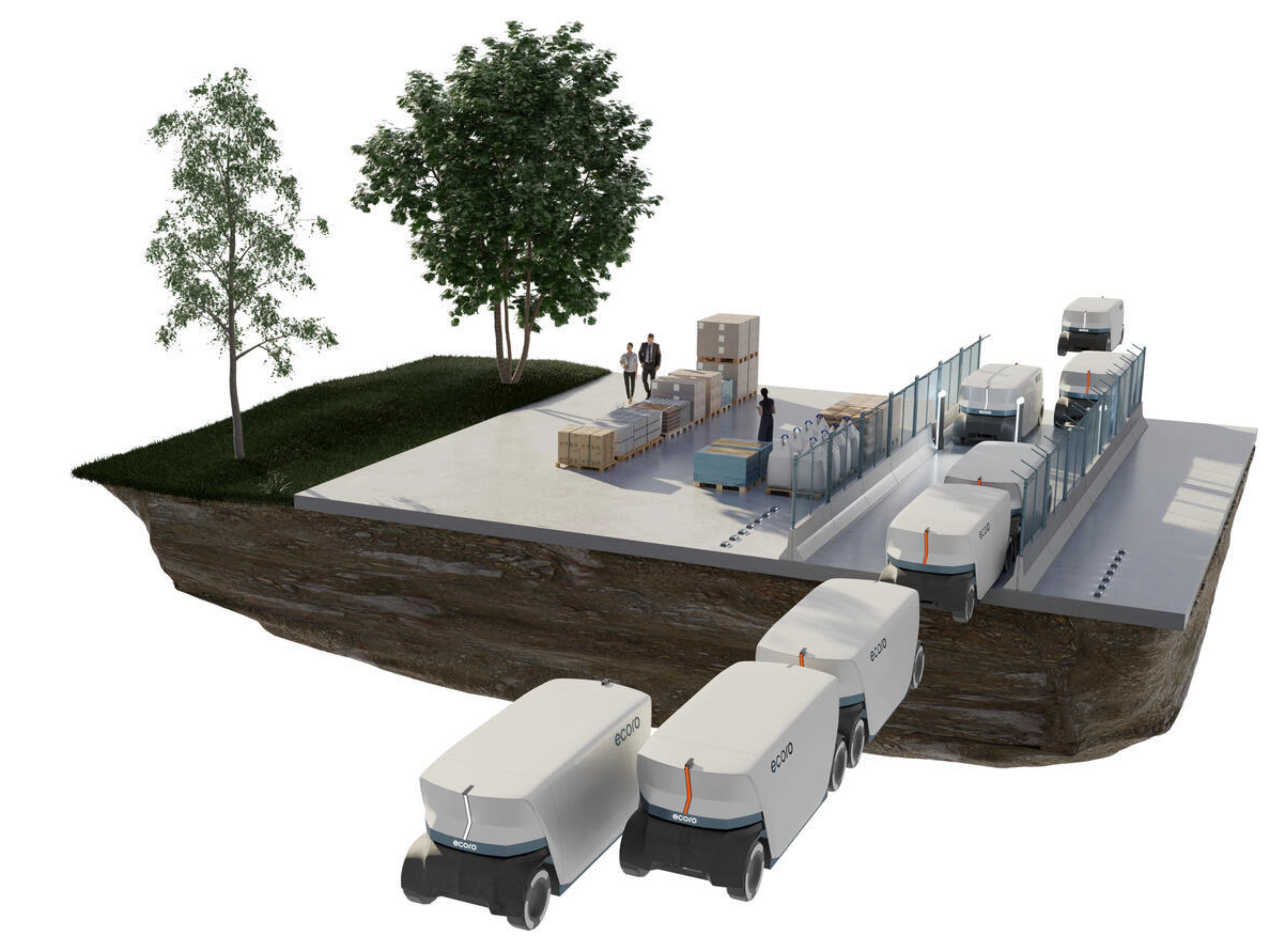 Concept image of autonomous delivery vehicles at a logistics hub with people and cargo.