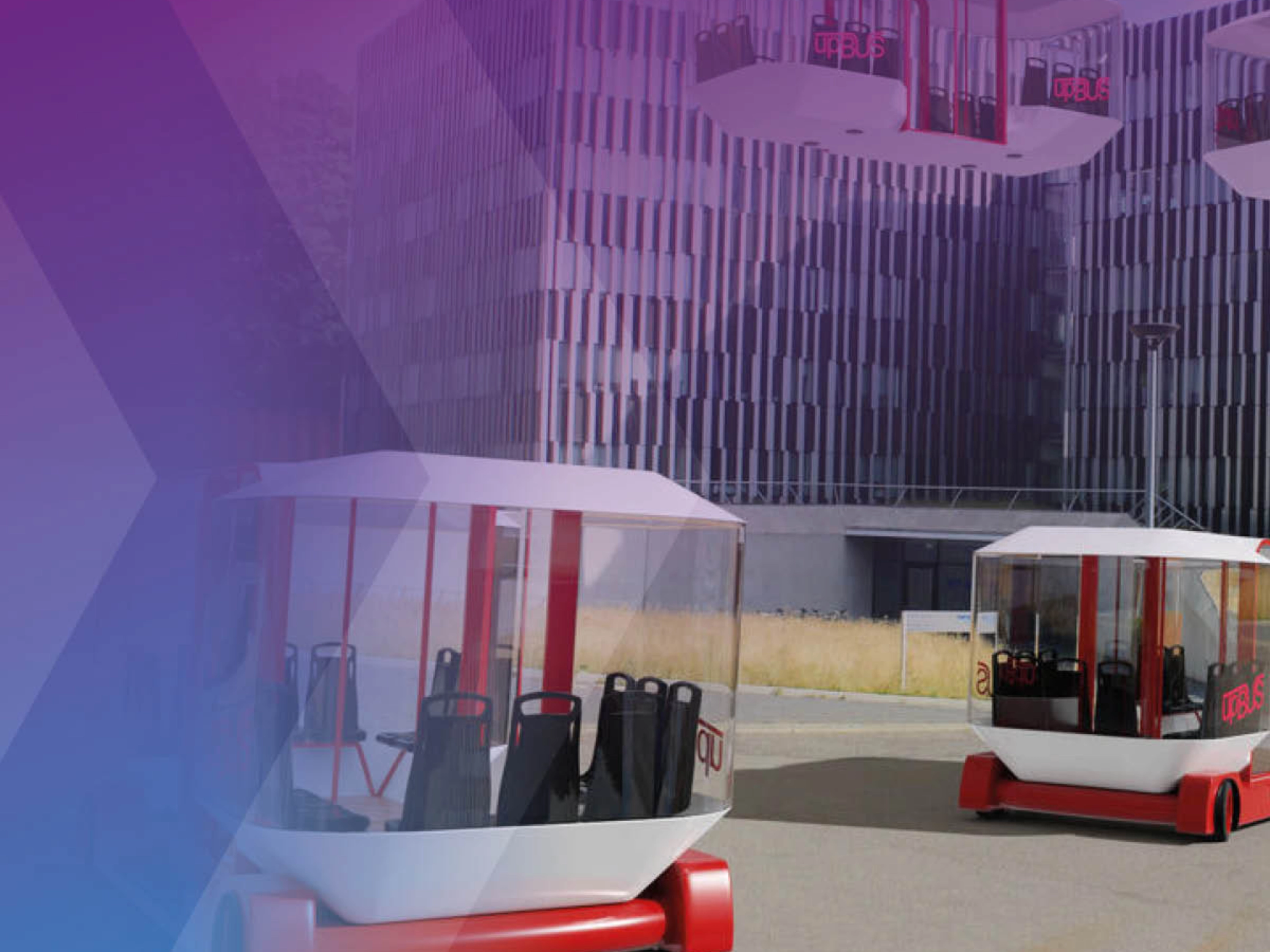 Several futuristic cable cars and ground pods are shown near a modern office building.