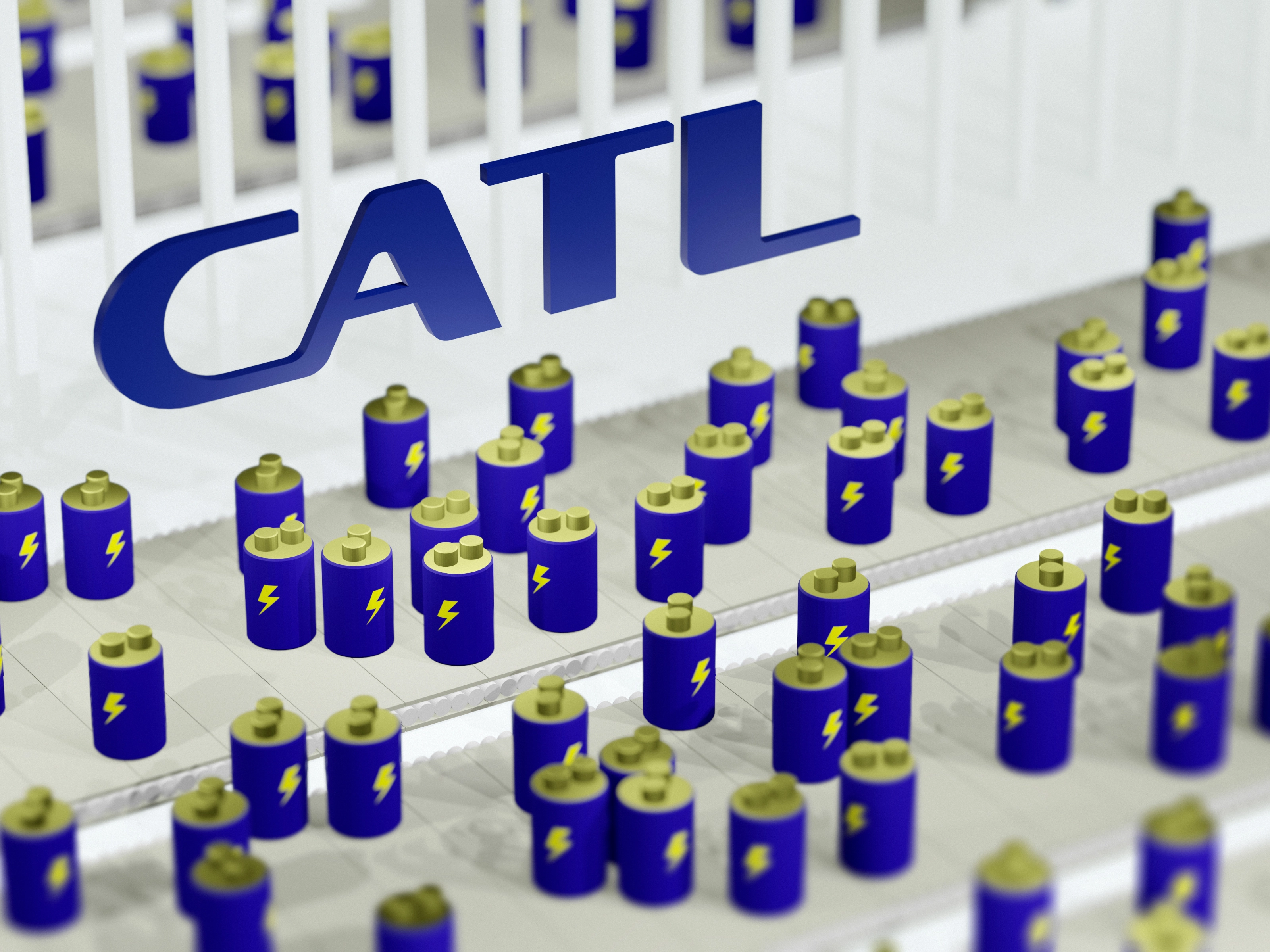 CATL logo above rows of battery icons on a production line.