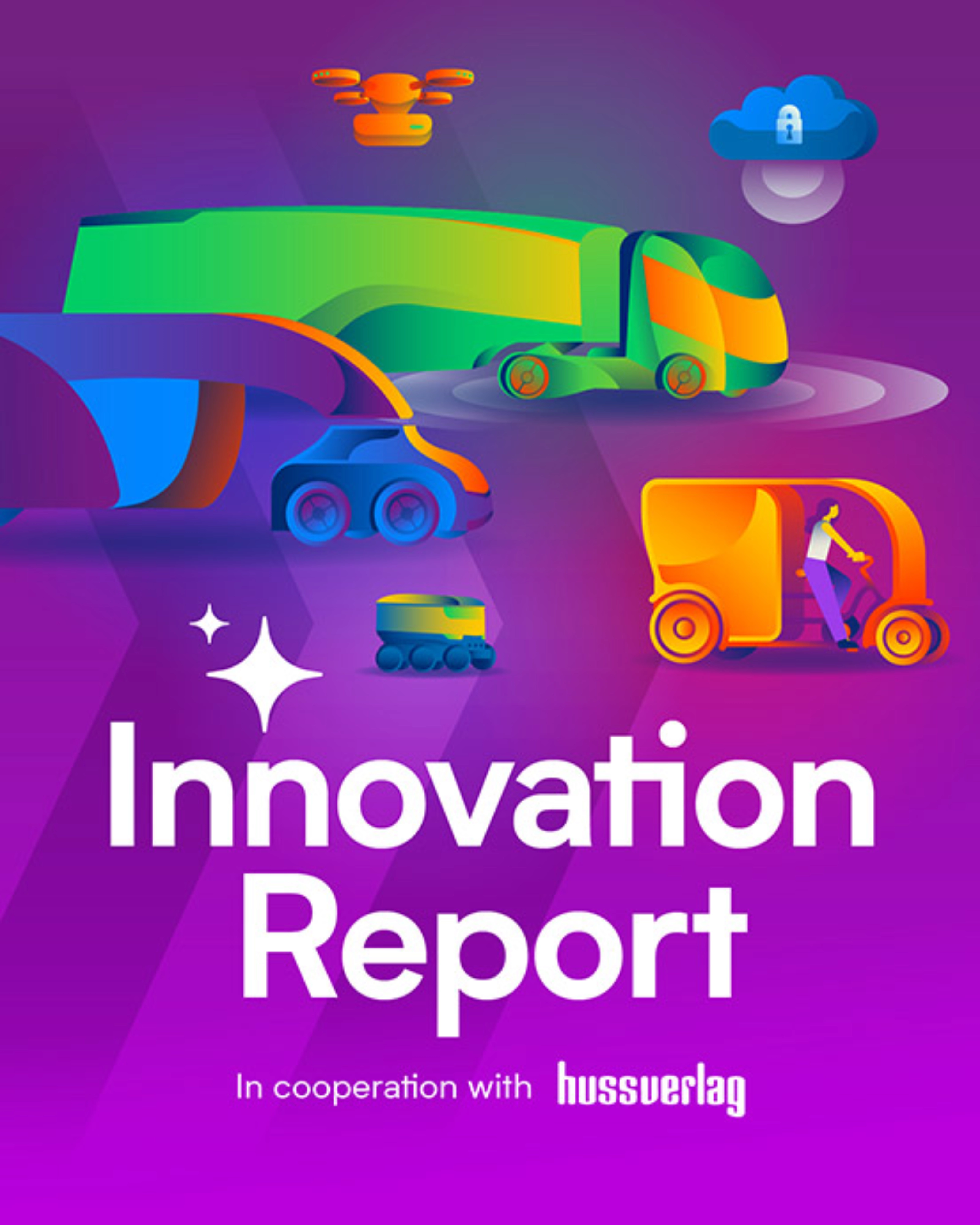 Cover of the “Innovation Report” with illustrations of connected autonomous vehicles.