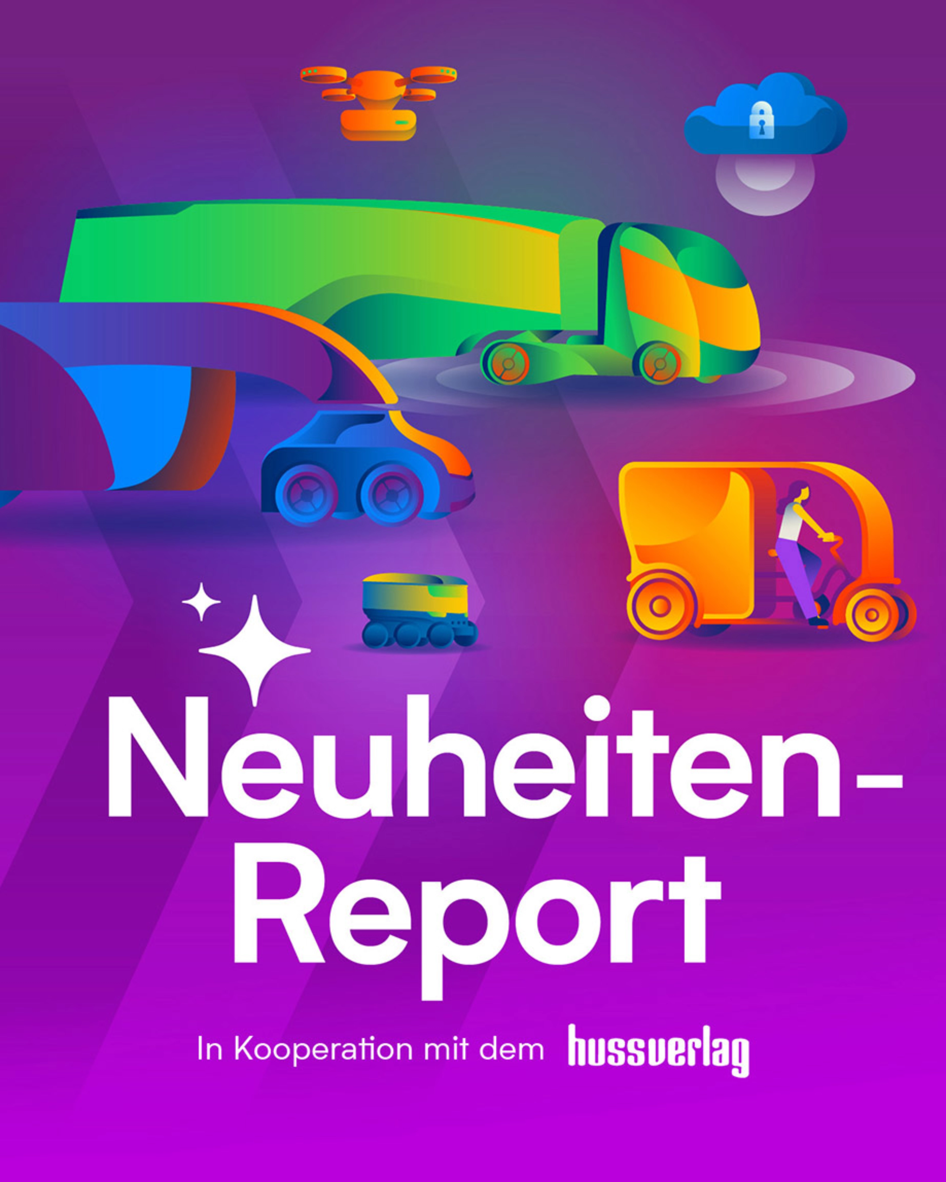 Titelbild des „Neuheiten Report“ mit Illustrationen vernetzter autonomer Fahrzeuge.