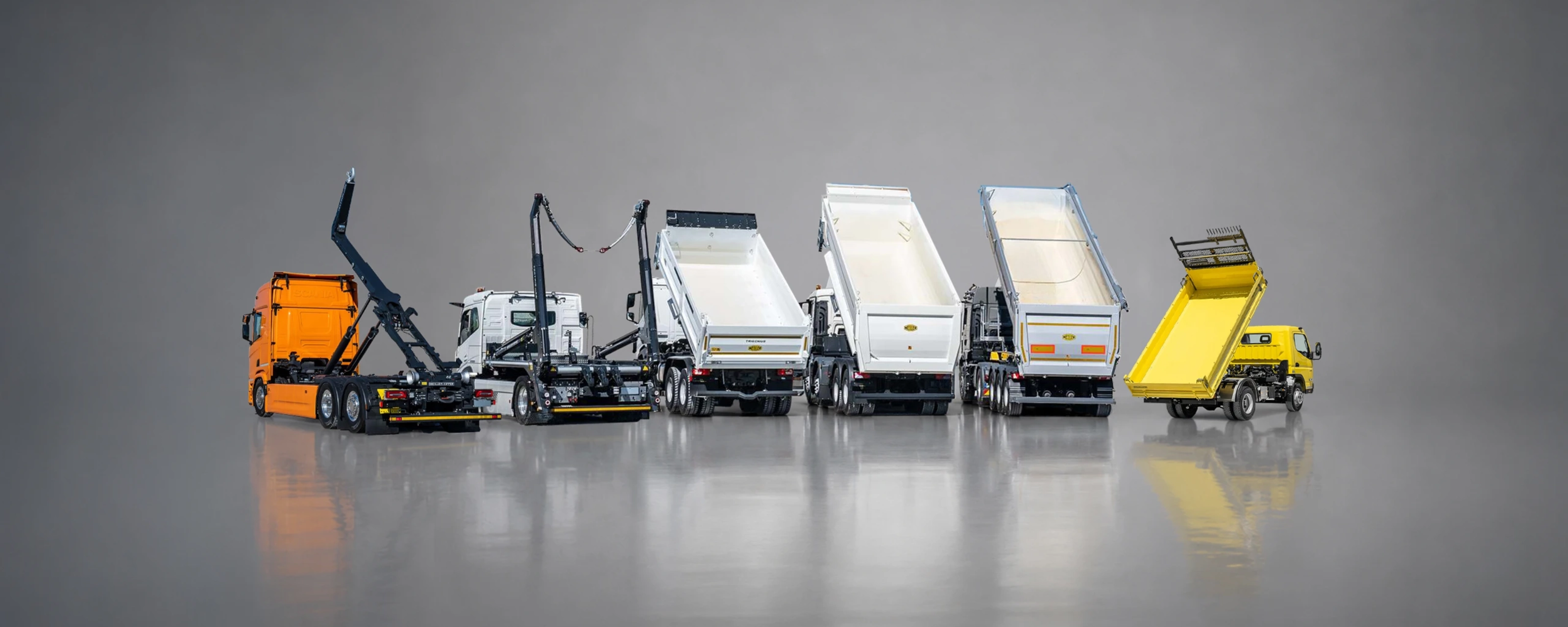 Meiller lineup of truck bodies and tipping systems on a white background.