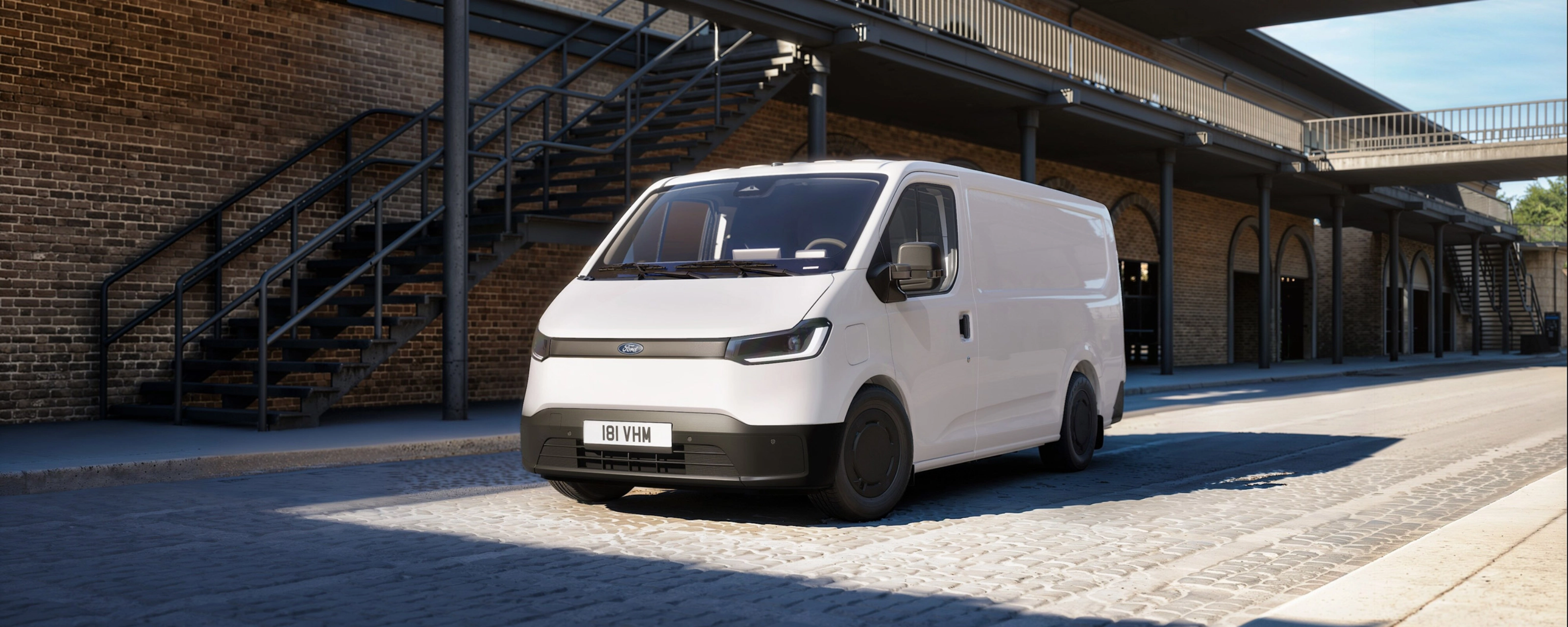 Ford Pro cargo van parked in a courtyard between historic buildings.