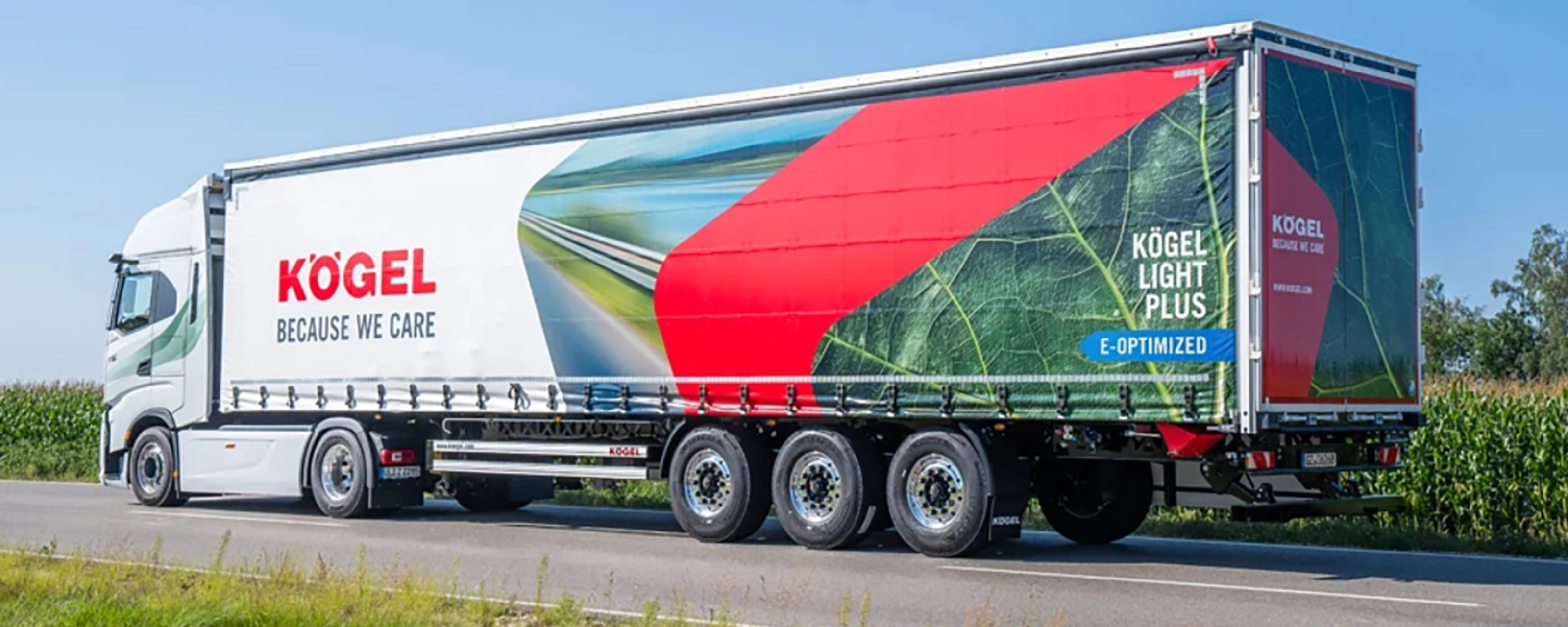 Kögel Light Plus trailer on road with brand logo and eco design.